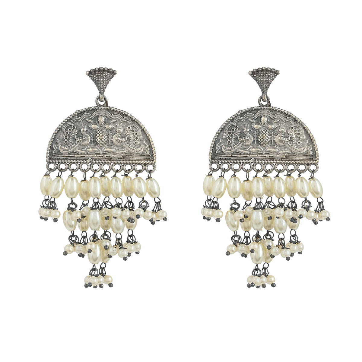 Women's Antique Elegance Brass Faux Pearls Adorned Oxidised Silver Plated Drop Earrings - Voylla
