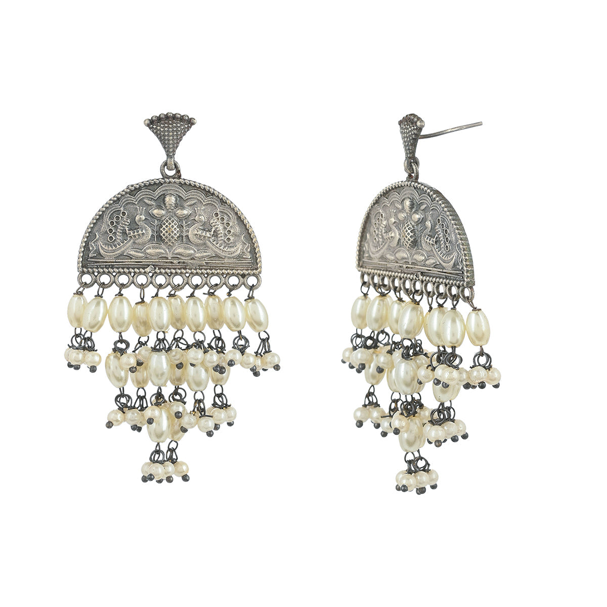 Women's Antique Elegance Brass Faux Pearls Adorned Oxidised Silver Plated Drop Earrings - Voylla