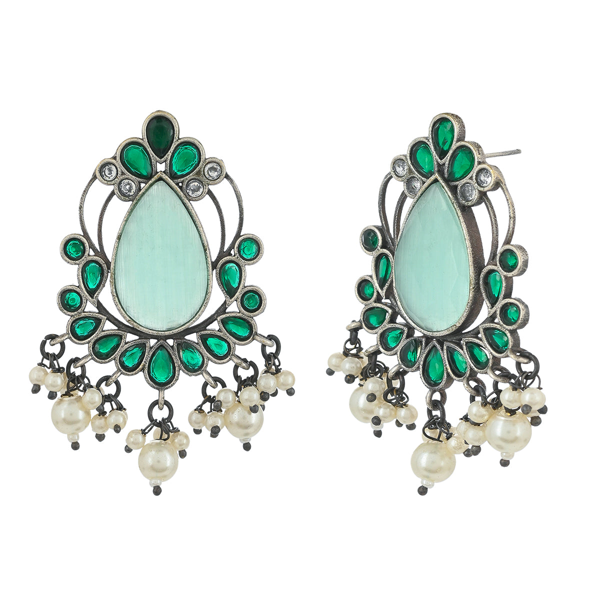 Women's Antique Elegance Teardrop Faux Kundan And Pearls Brass Oxidised Silver Plated Earrings - Voylla