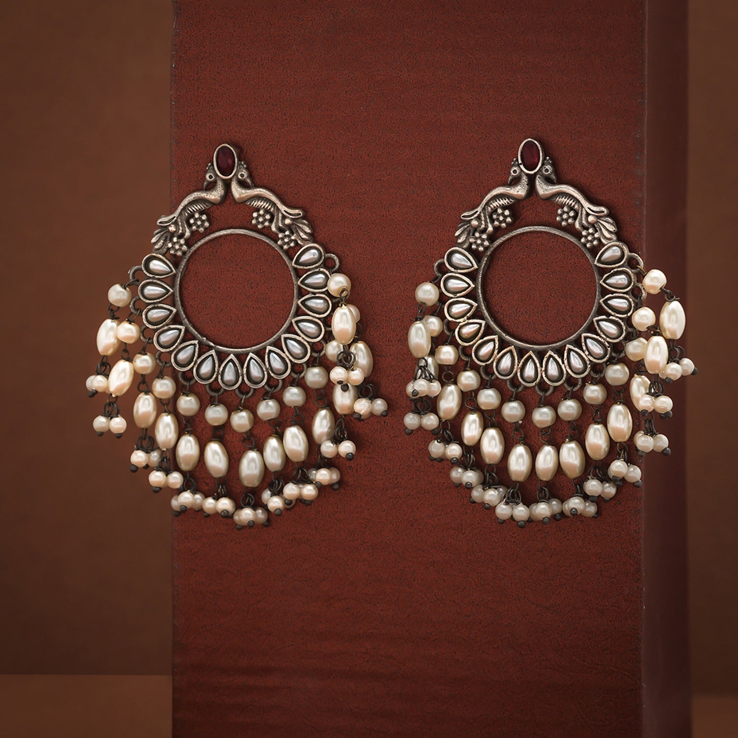 Women's Antique Elegance Peacock Motif Faux Pearls Brass Oxidised Silver Plated Earrings - Voylla