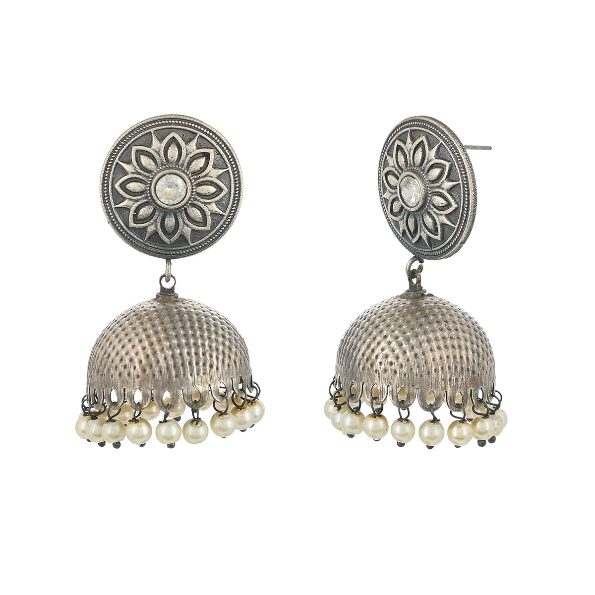Women's Antique Elegance Floral Motif Faux Pearls Brass Silver Plated Jhumka Earrings - Voylla