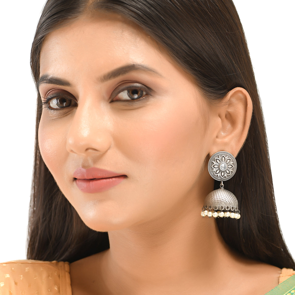 Women's Antique Elegance Floral Motif Faux Pearls Brass Silver Plated Jhumka Earrings - Voylla