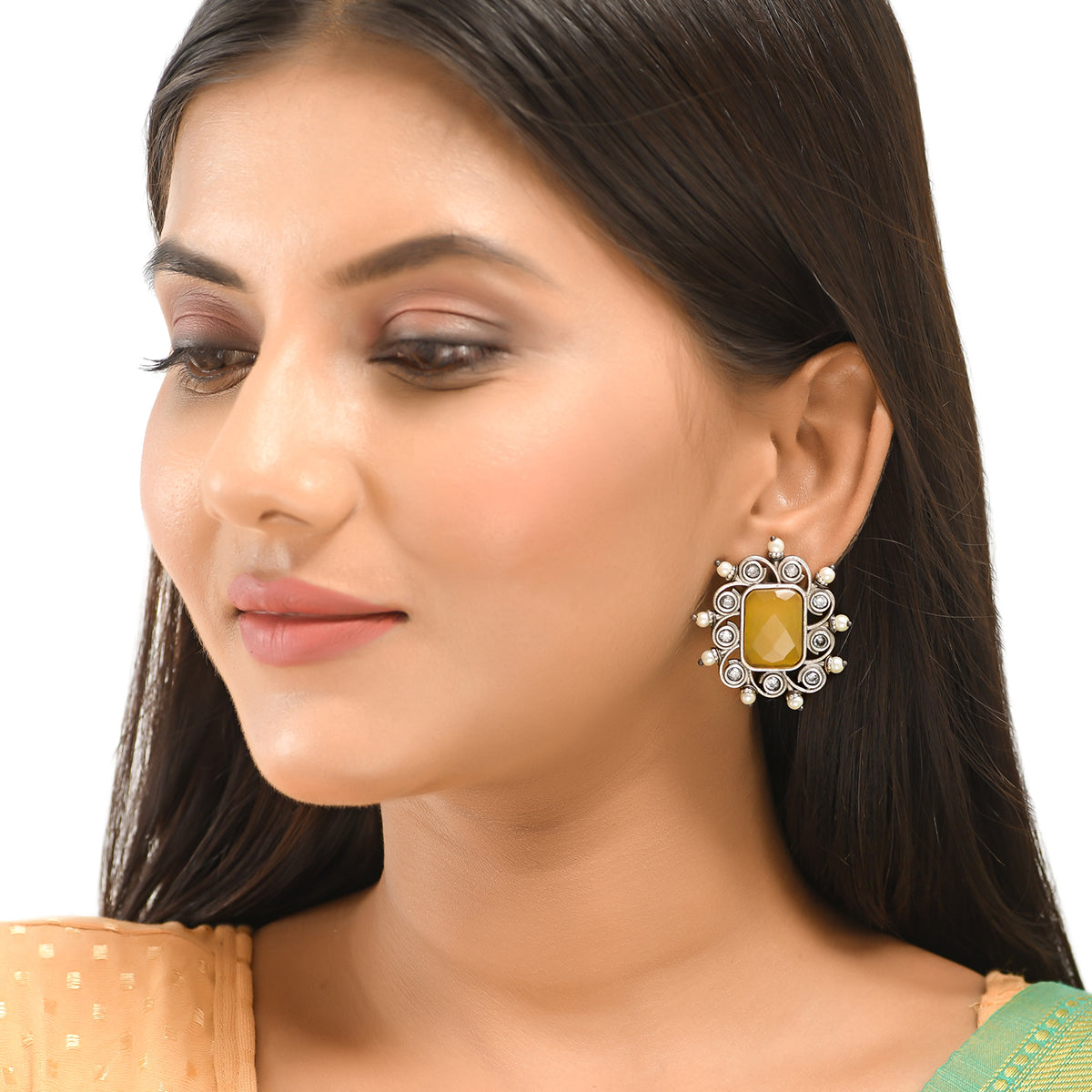 Women's Antique Elegance Square Cut Kundan And Faux Pearls Brass Silver Plated Earrings - Voylla