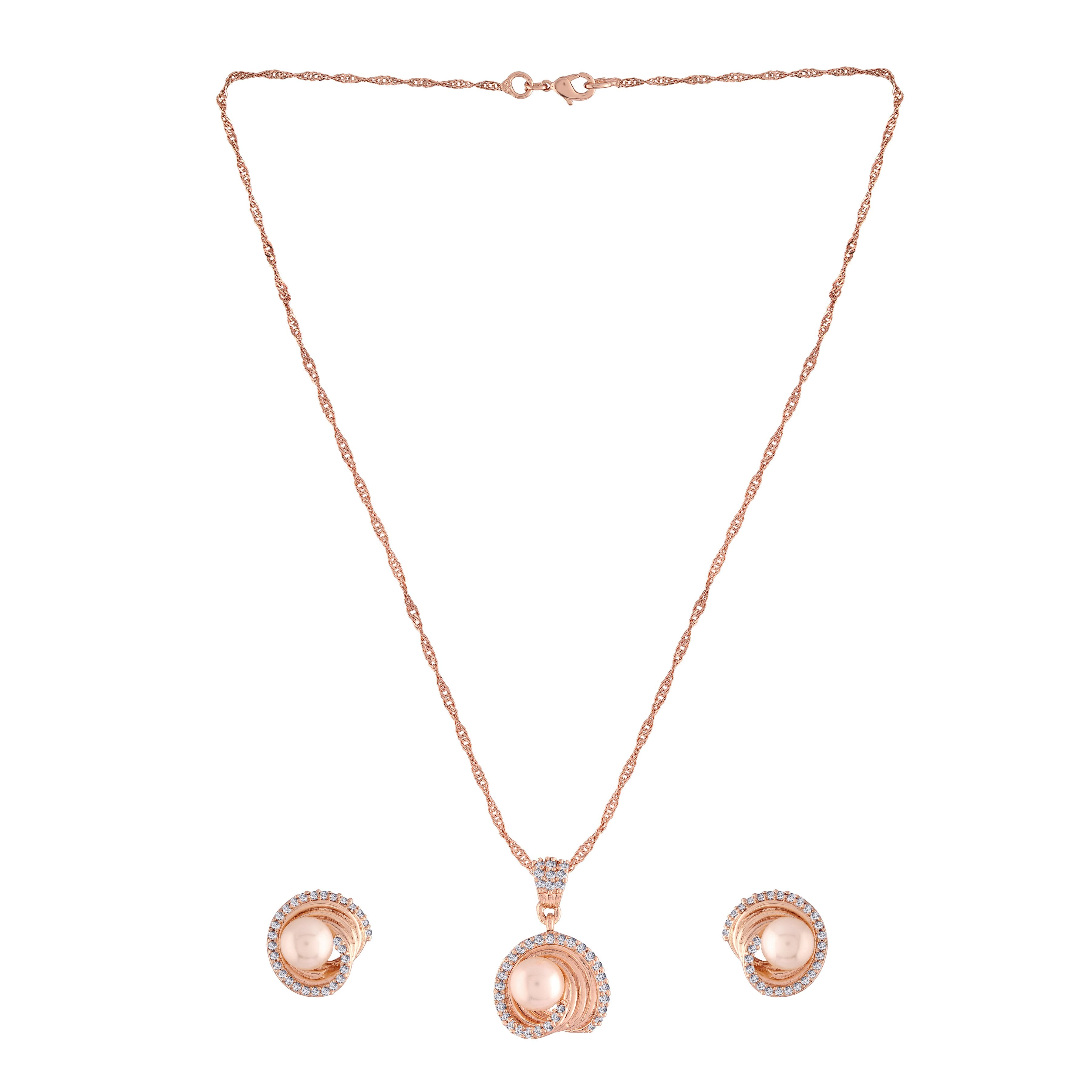 Women's 18k Rose Gold Plated Pearl & Cubic Zirconia Twisted Pendant Necklace Set with Earrings - I Jewels