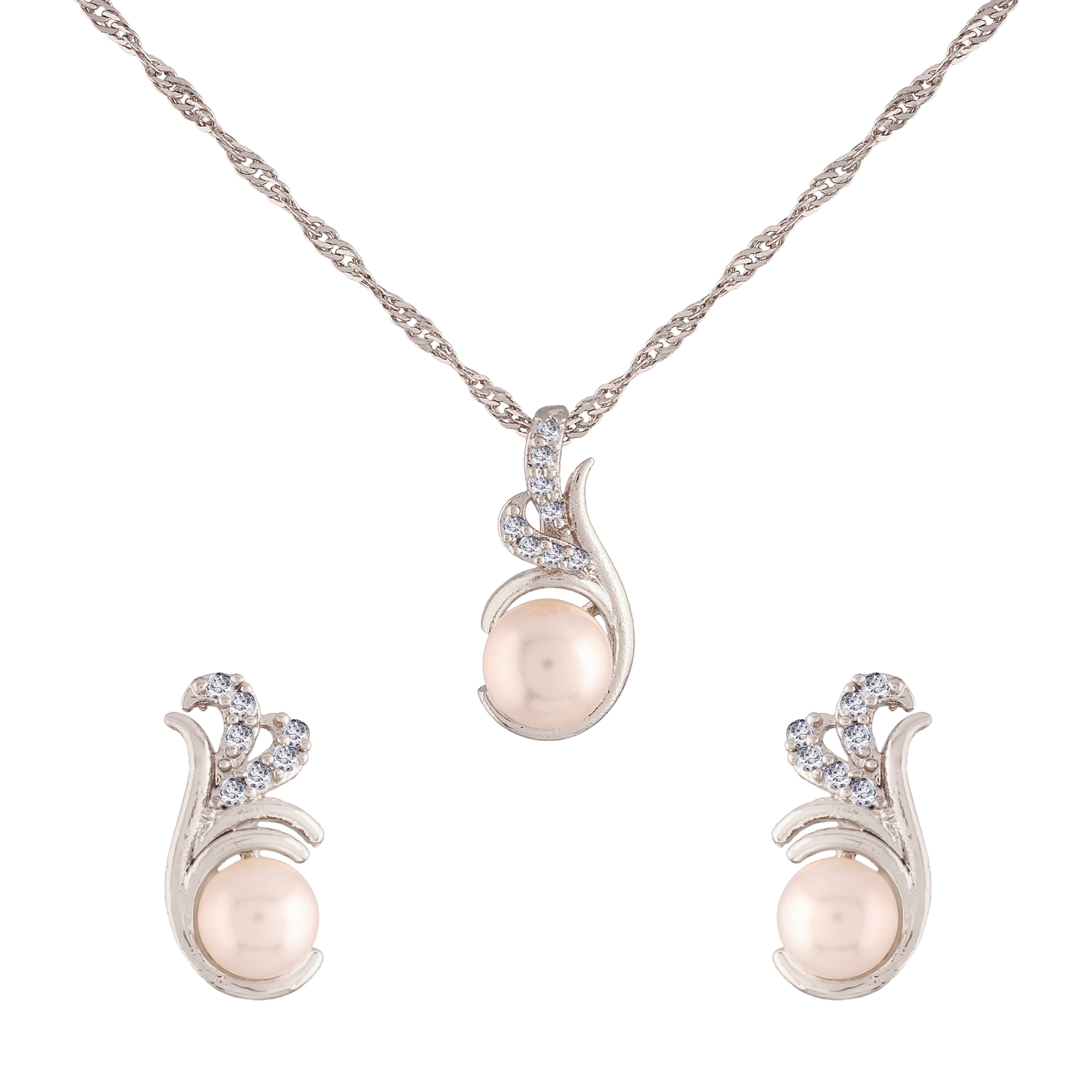 Women's 18k Rhodium Plated Pearl & Cubic Zirconia Twisted Pendant Necklace Set with Earrings - I Jewels