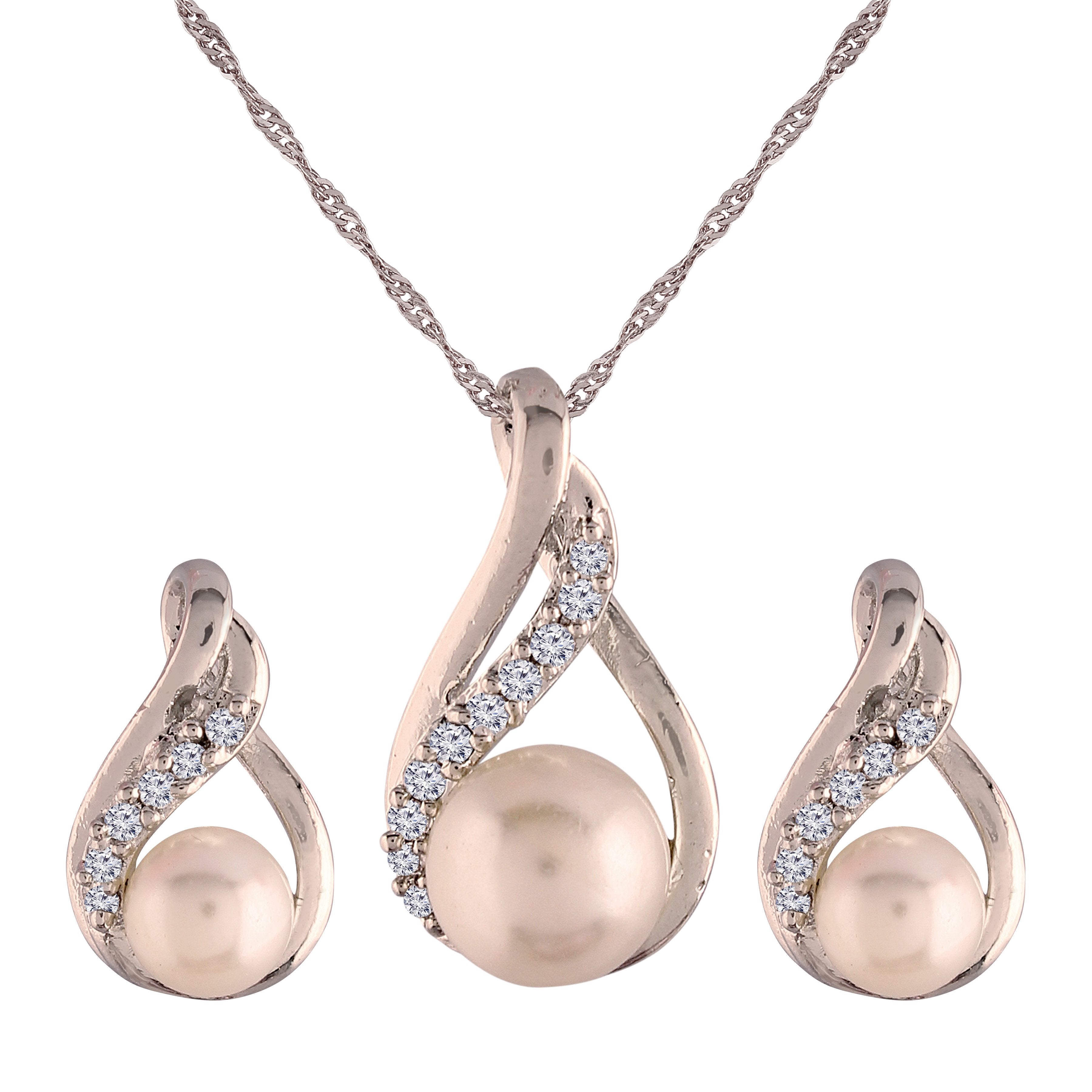 Women's 18k Rhodium Plated Pearl & Cubic Zirconia Twisted Pendant Necklace Set with Earrings - I Jewels