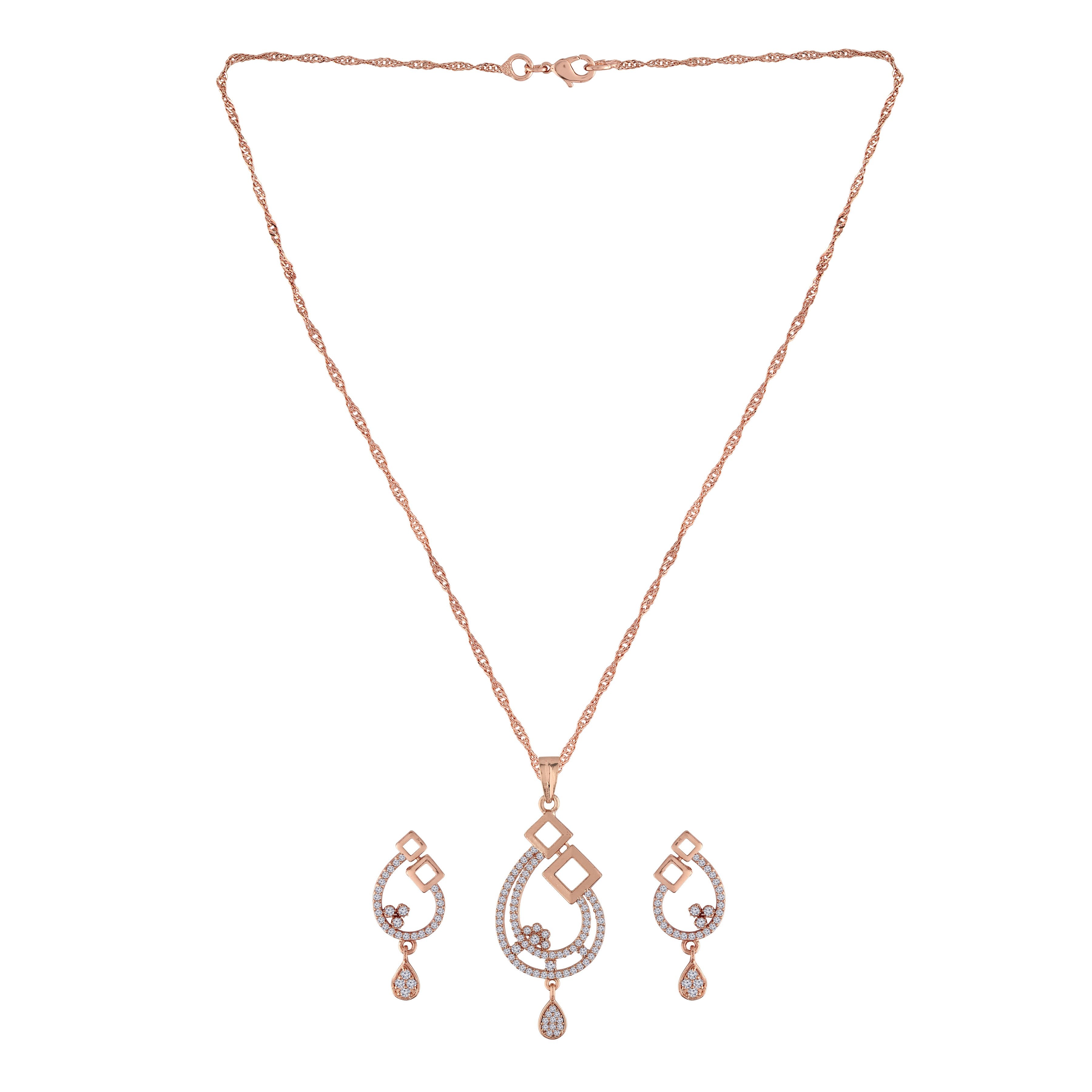 Women's 18k Rose Gold Plated Pearl & Cubic Zirconia Twisted Pendant Necklace Set with Earrings - I Jewels
