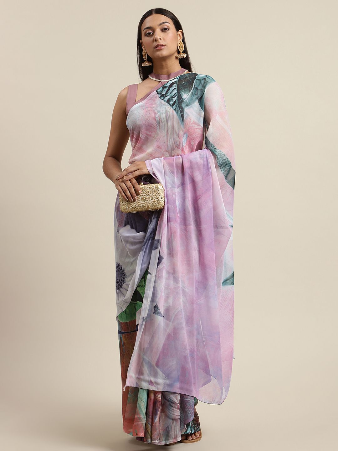 Women's Lavender Colour Chiffon Digital Print Saree - Ahalyaa