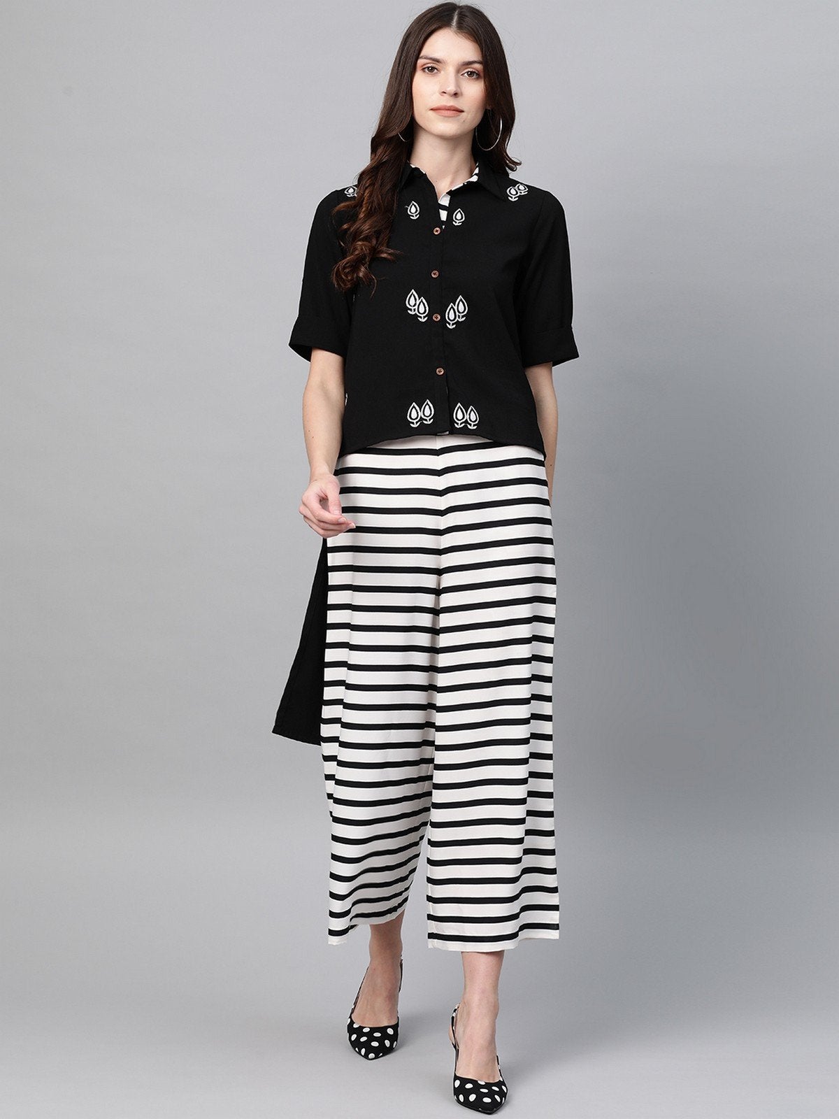 Women's Solid Embroidered Top With Stripe Pants - Pannkh