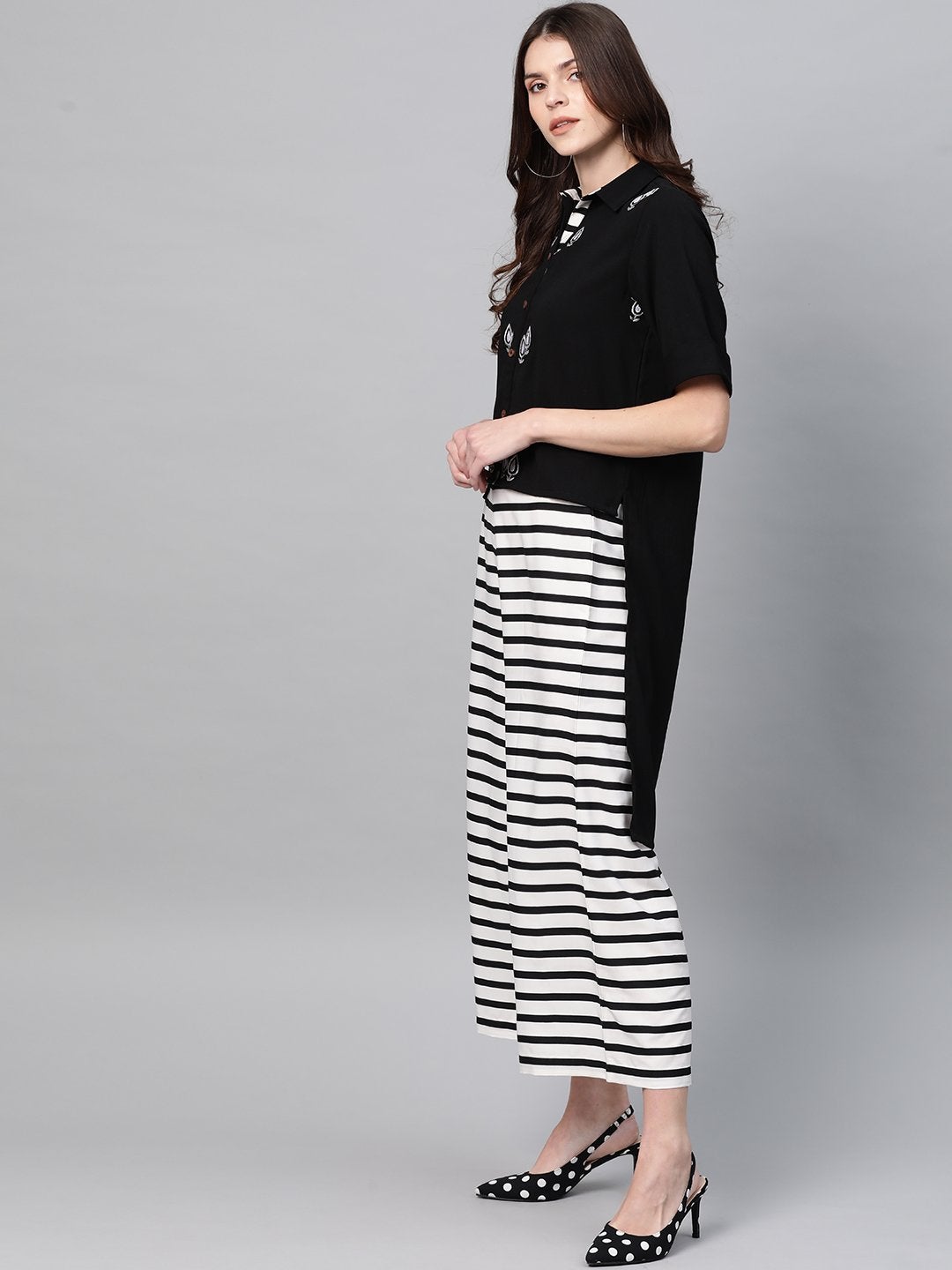 Women's Solid Embroidered Top With Stripe Pants - Pannkh