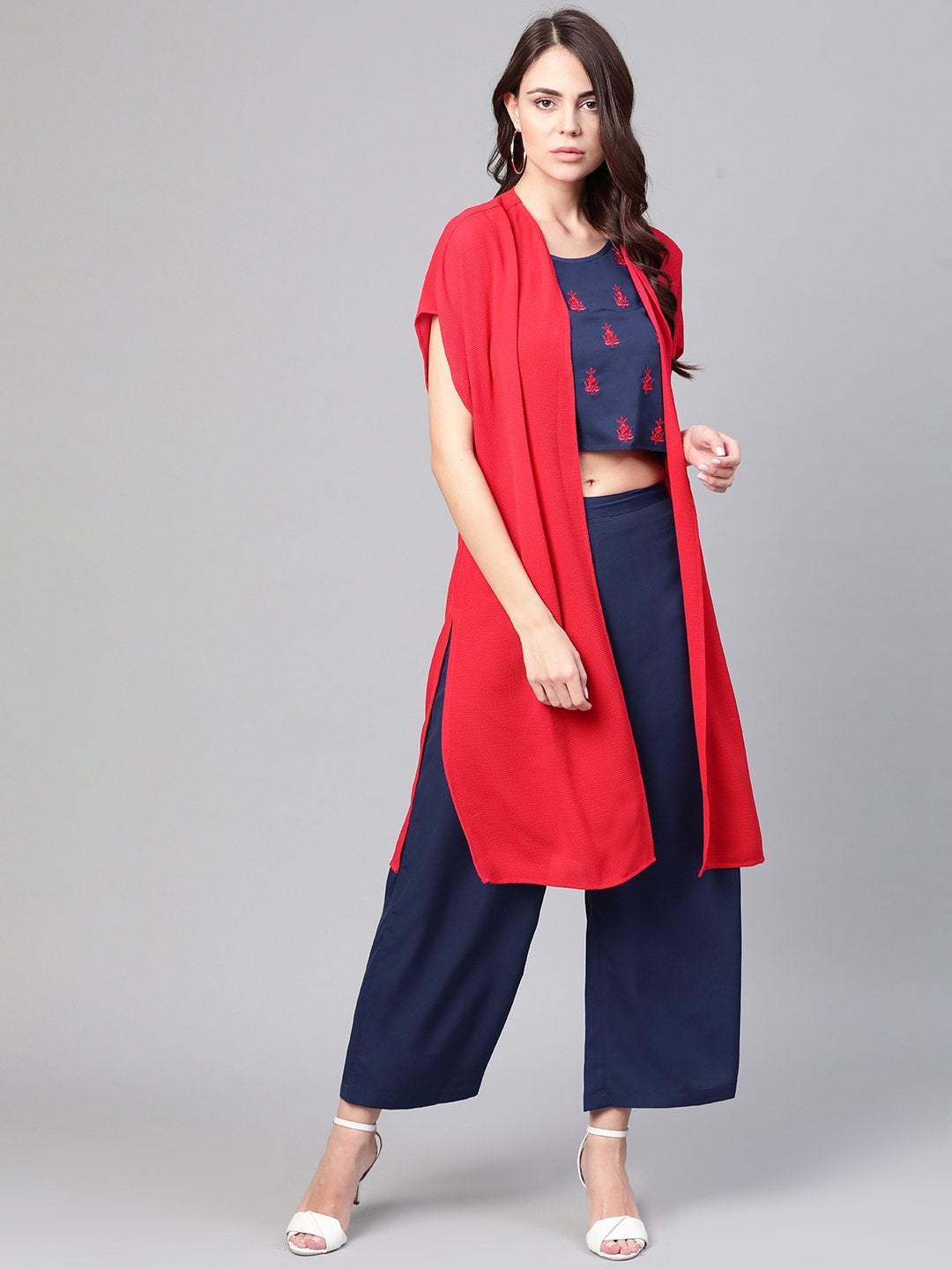 Women's Embroidered Top With Pants And Loose Shrug - Pannkh