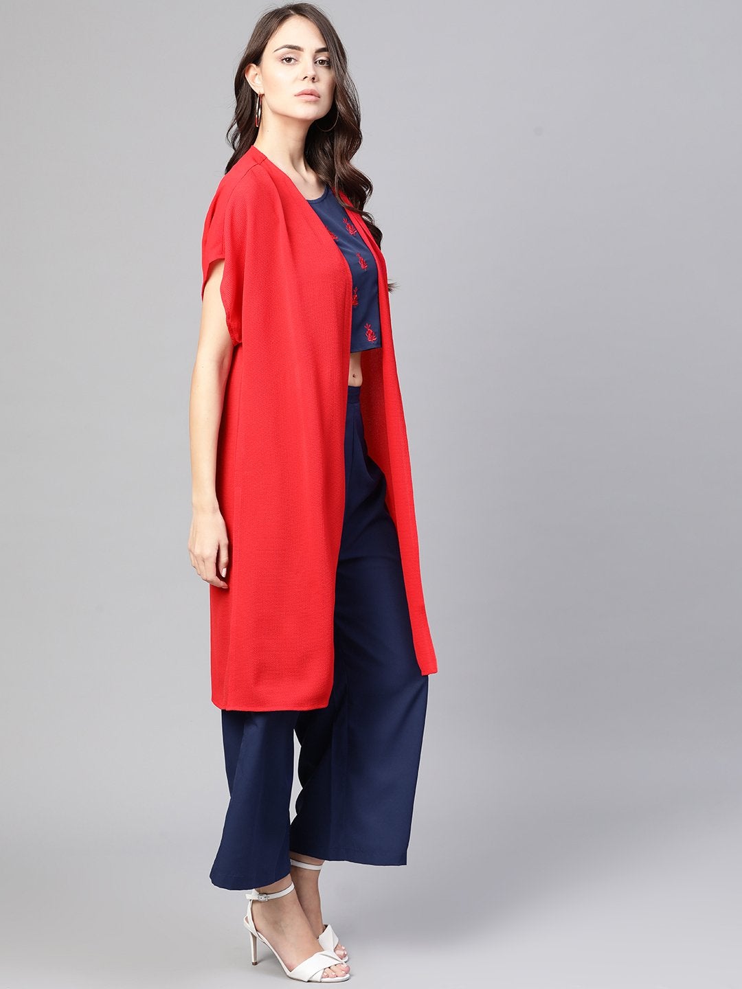 Women's Embroidered Top With Pants And Loose Shrug - Pannkh