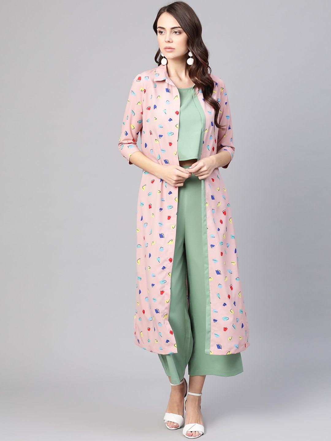 Women's Top With Pants And Printed Long Shrug - Pannkh