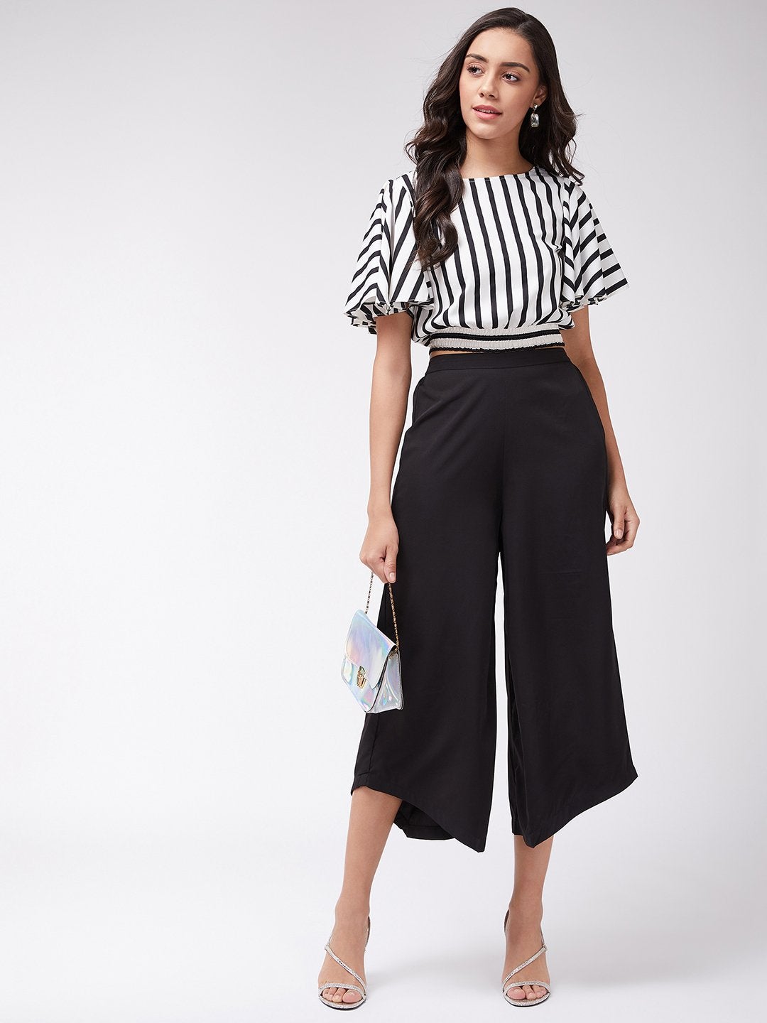 Women's Monocromatic Stripes Crop Top With Solid Pants - Pannkh