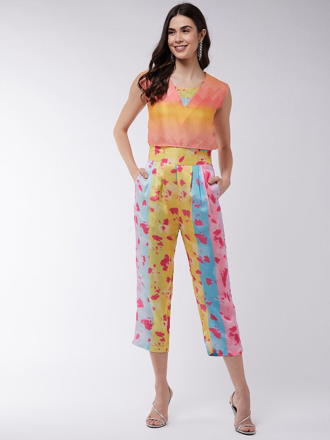 Women's Candy Inspired Digital Printed Crop Top With High Waist Pleated Pants - Pannkh
