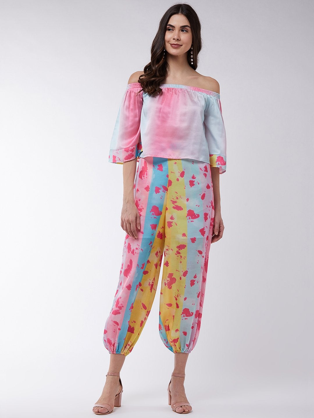 Women's Candy Inspired Digital Printed Off-Shoulder Top With Baggy Pants - Pannkh