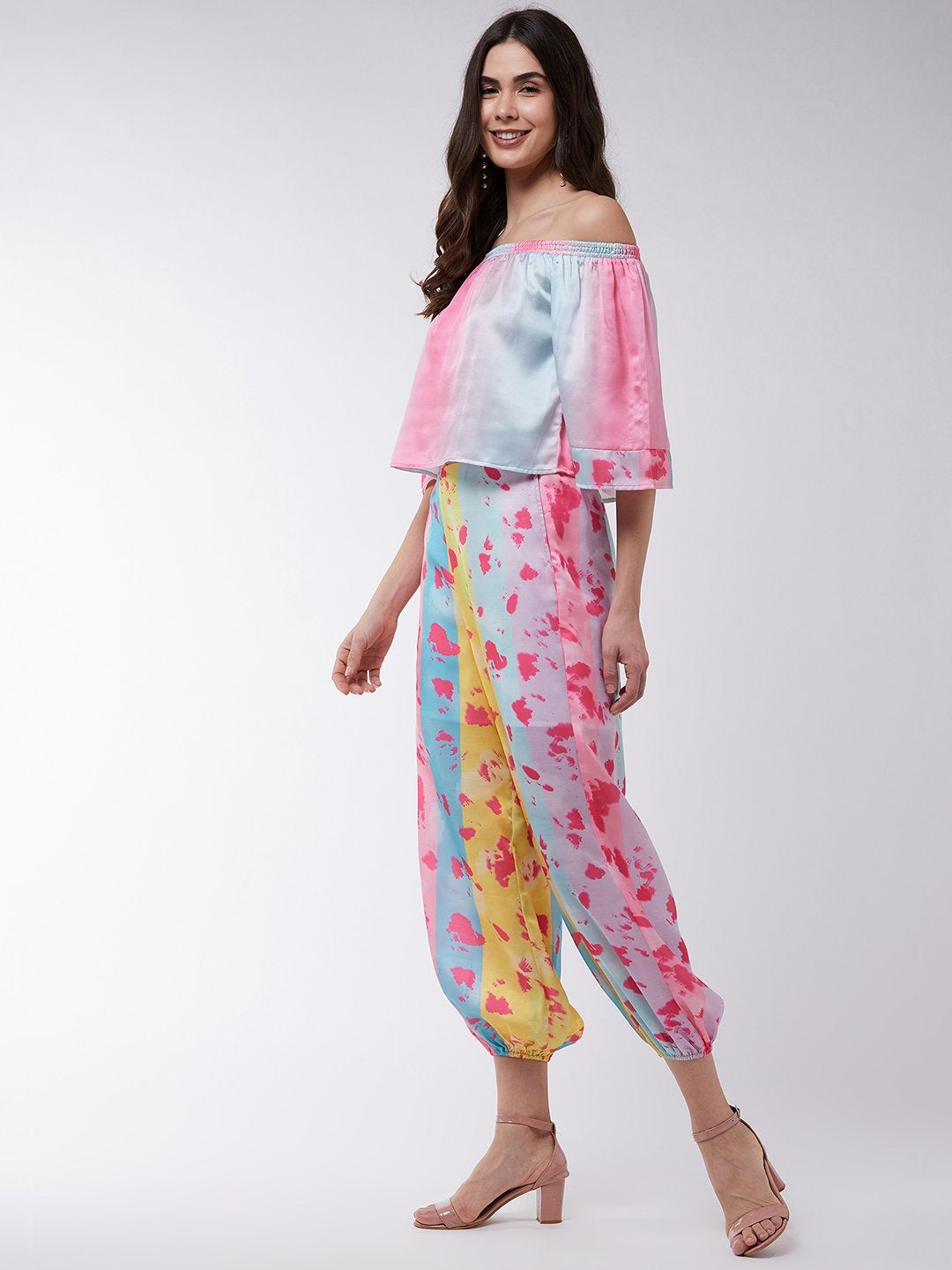 Women's Candy Inspired Digital Printed Off-Shoulder Top With Baggy Pants - Pannkh