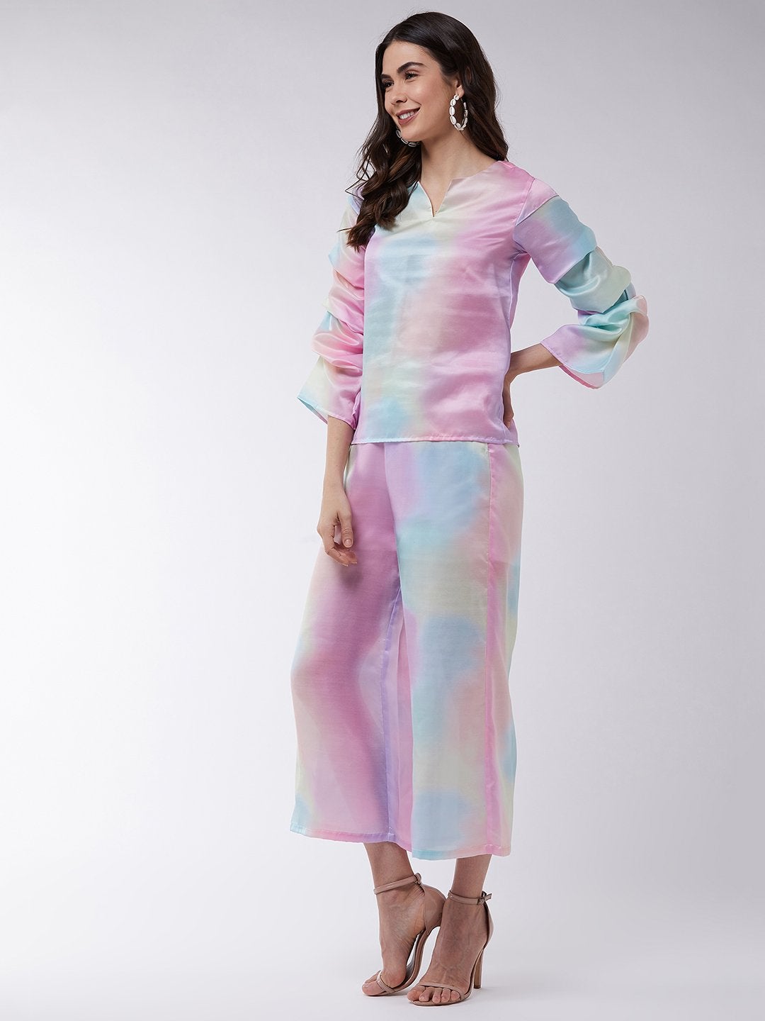 Women's Candy Inspired Digital Printed Top With Pleated Sleeves And Matched Pants - Pannkh