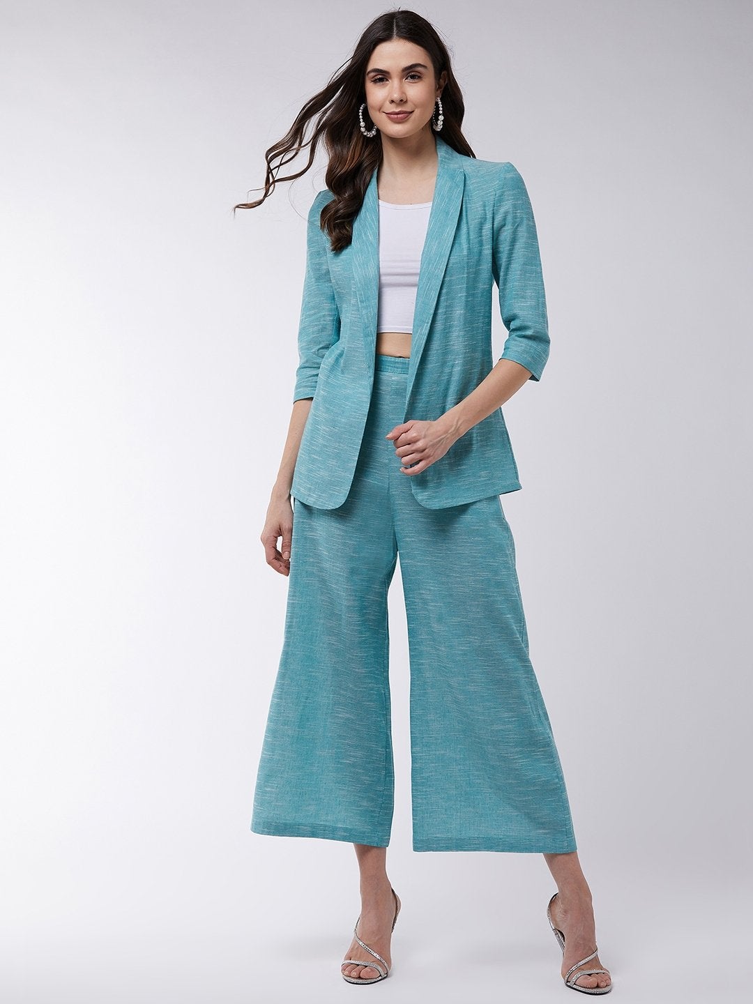Women's Chambray Long Blazer And Pant Set - Pannkh