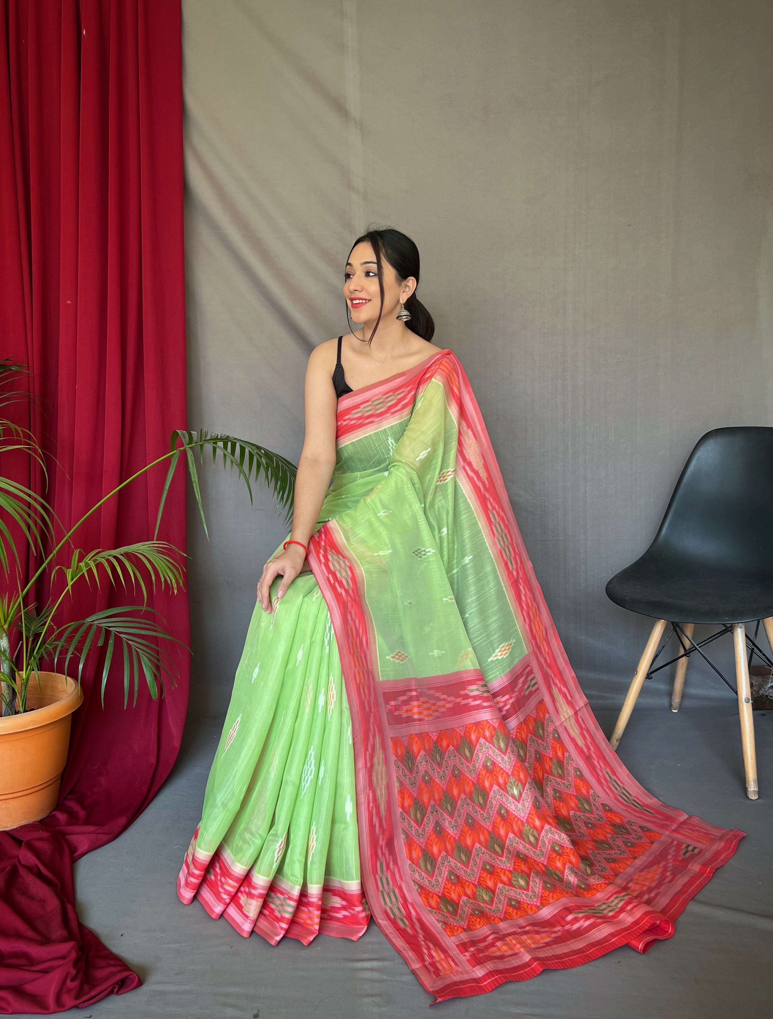 Women's Cotton Ikat Woven Saree Green - Tasarika