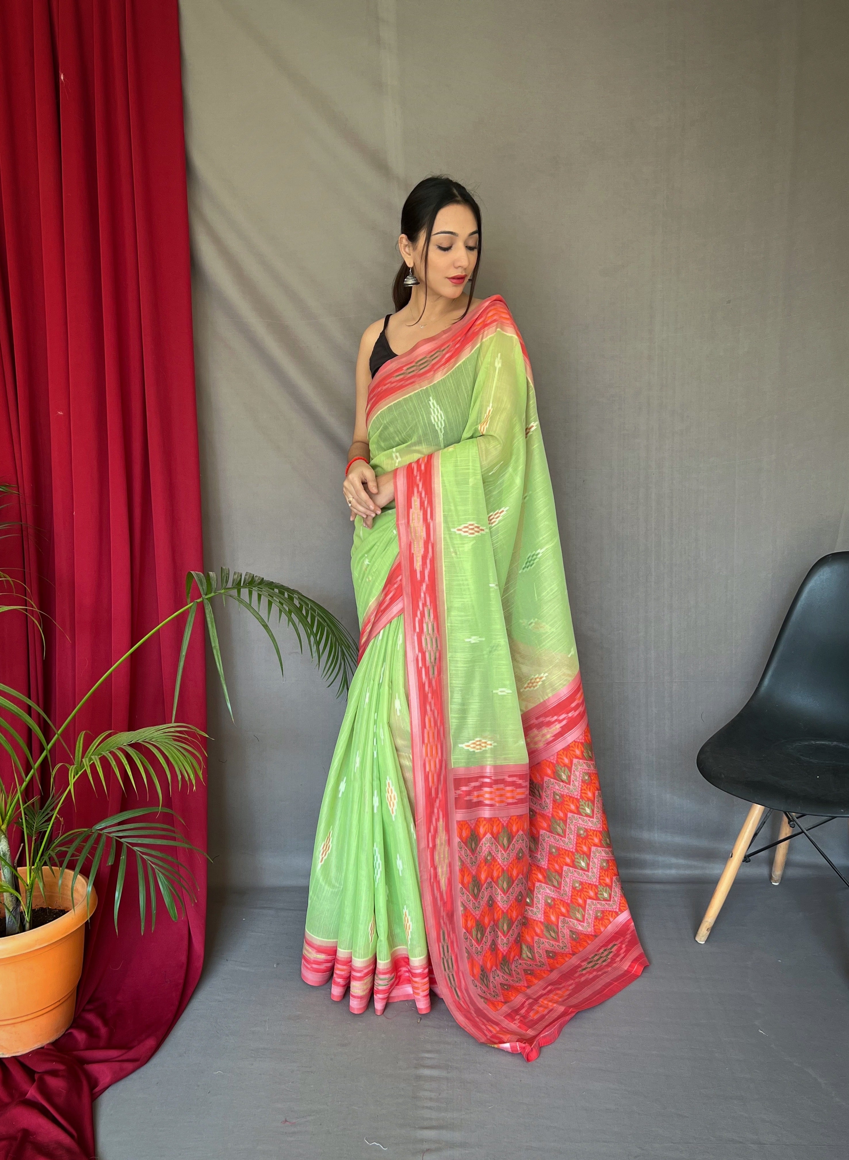 Women's Cotton Ikat Woven Saree Green - Tasarika
