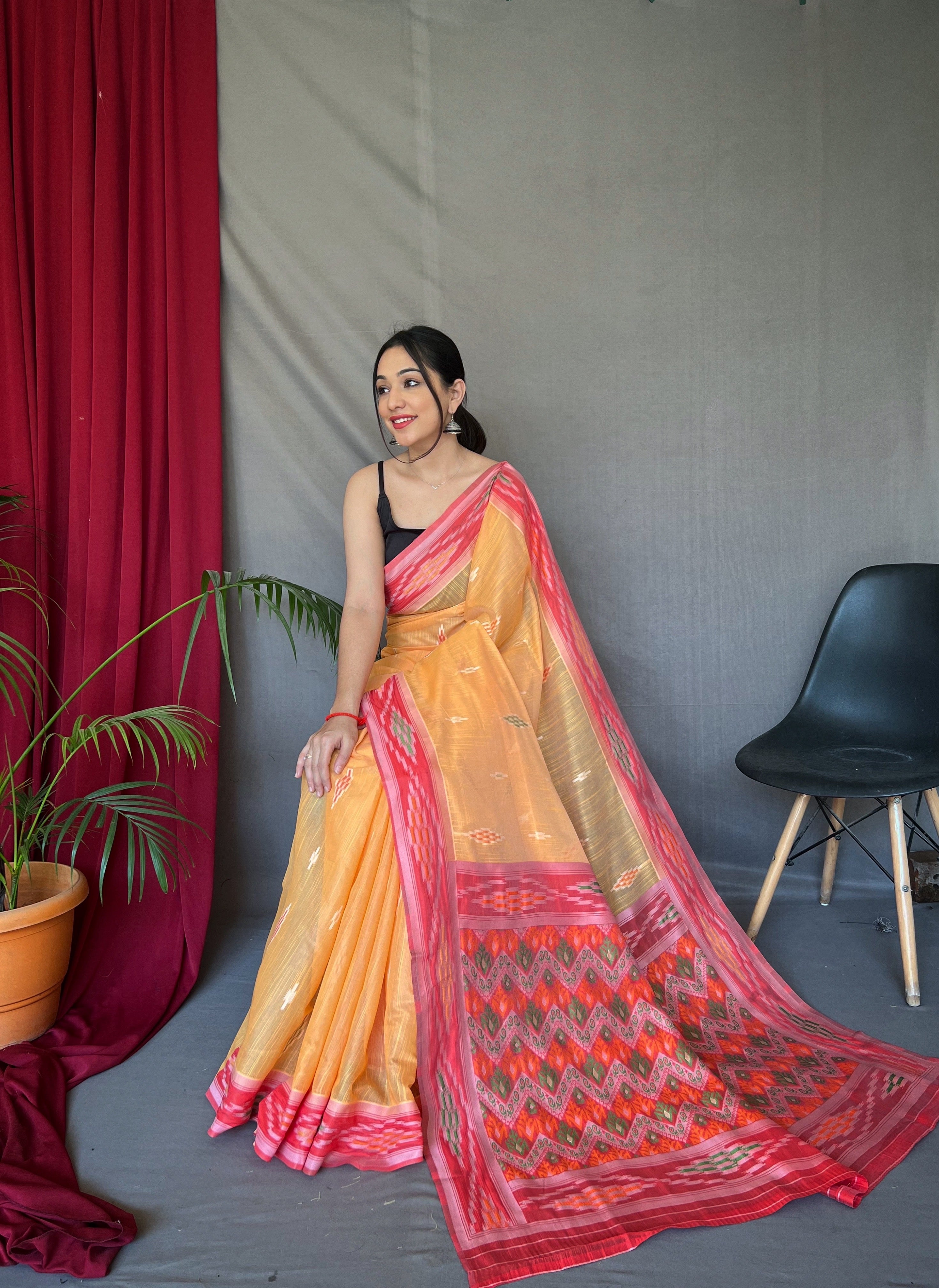 Women's Cotton Ikat Woven Saree Orange - Tasarika