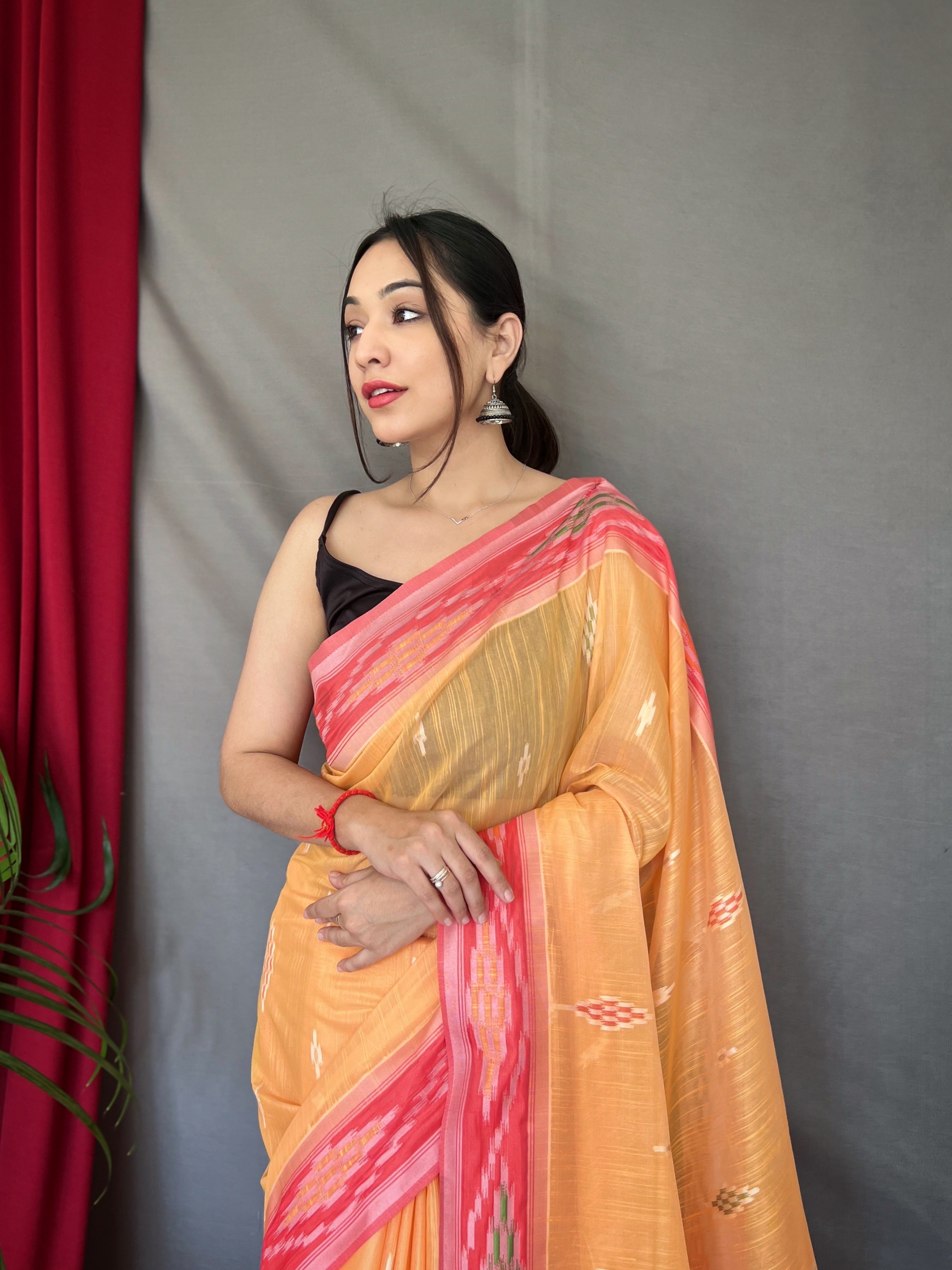 Women's Cotton Ikat Woven Saree Orange - Tasarika
