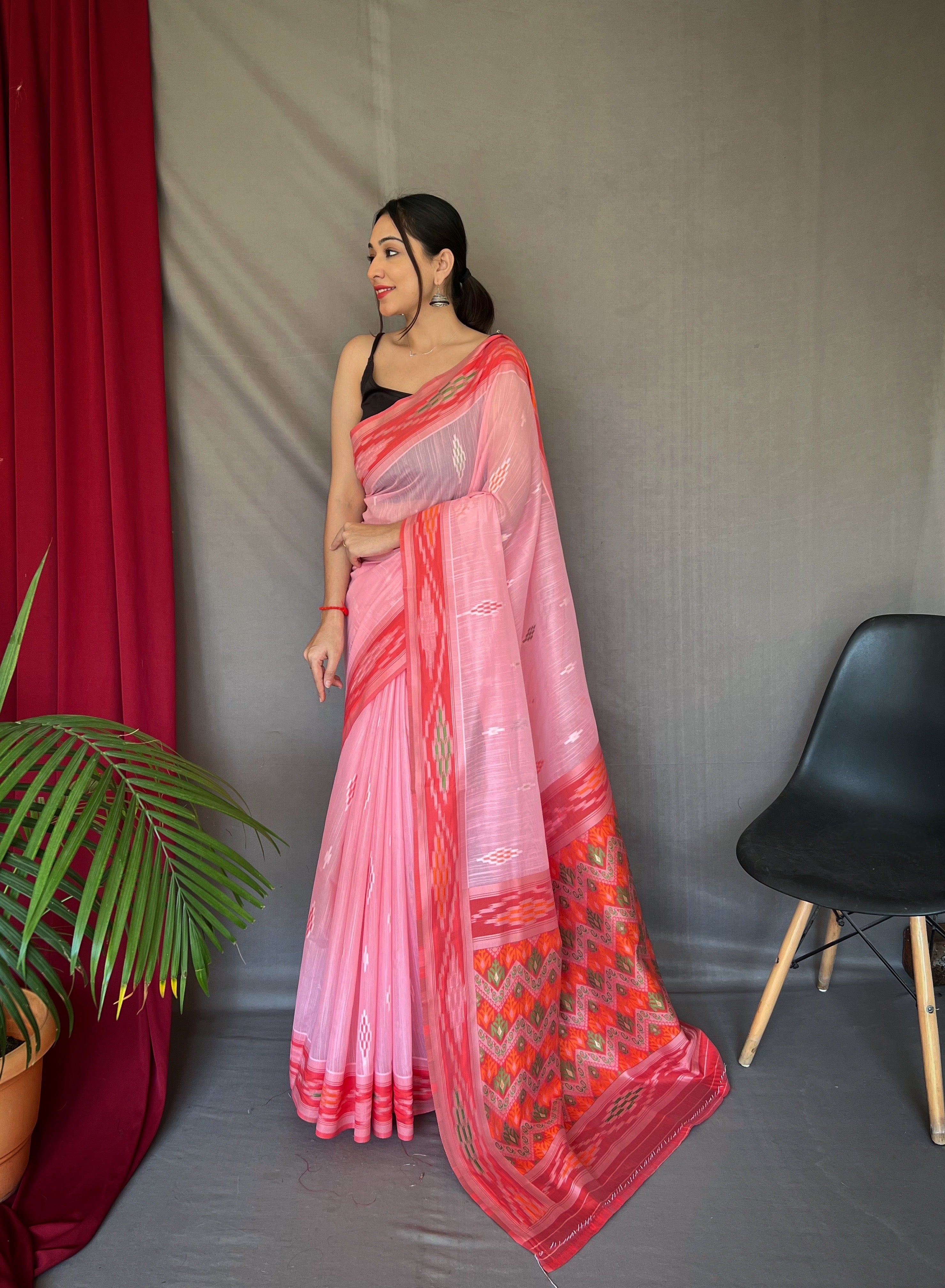 Women's Cotton Ikat Woven Saree Pink - Tasarika