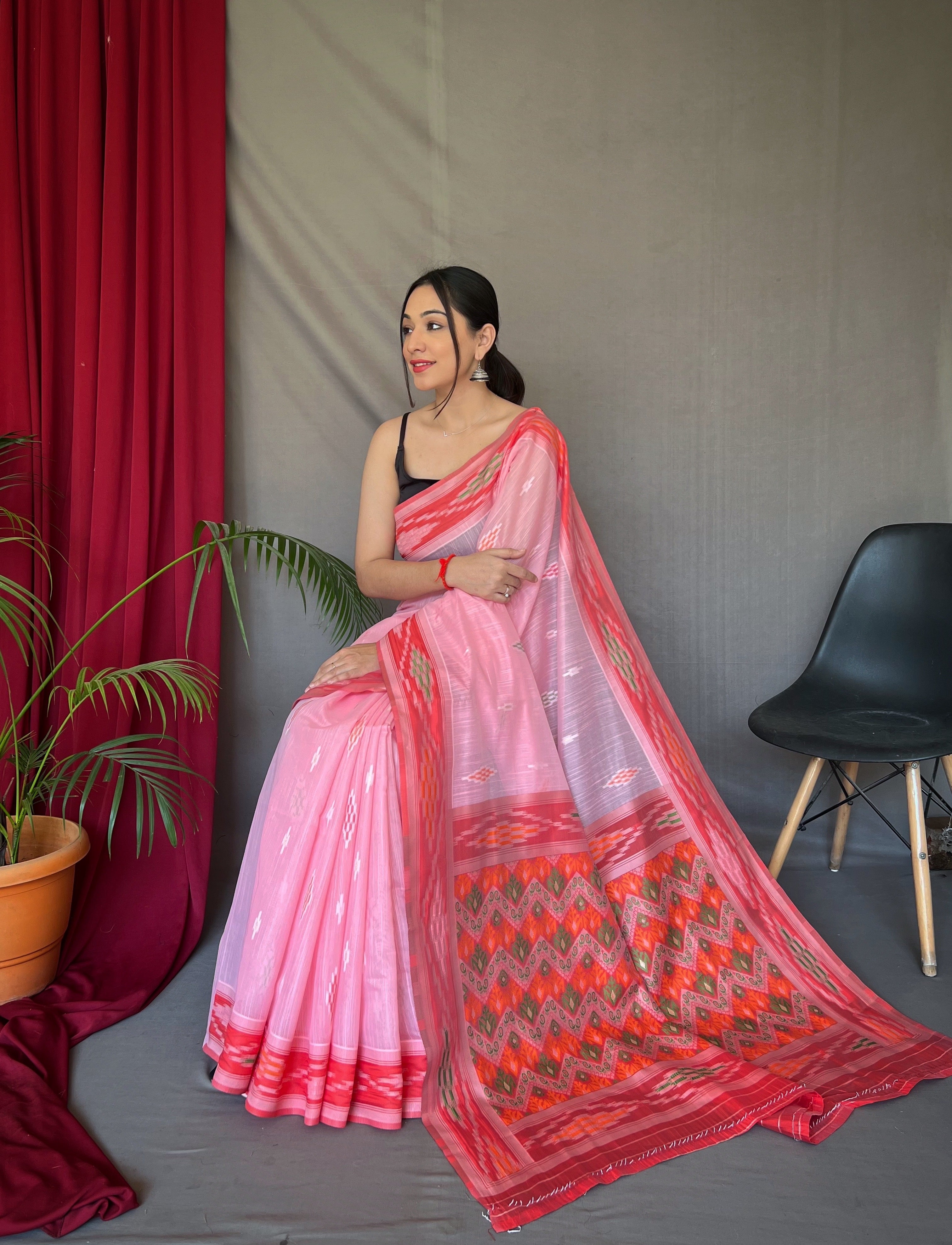Women's Cotton Ikat Woven Saree Pink - Tasarika
