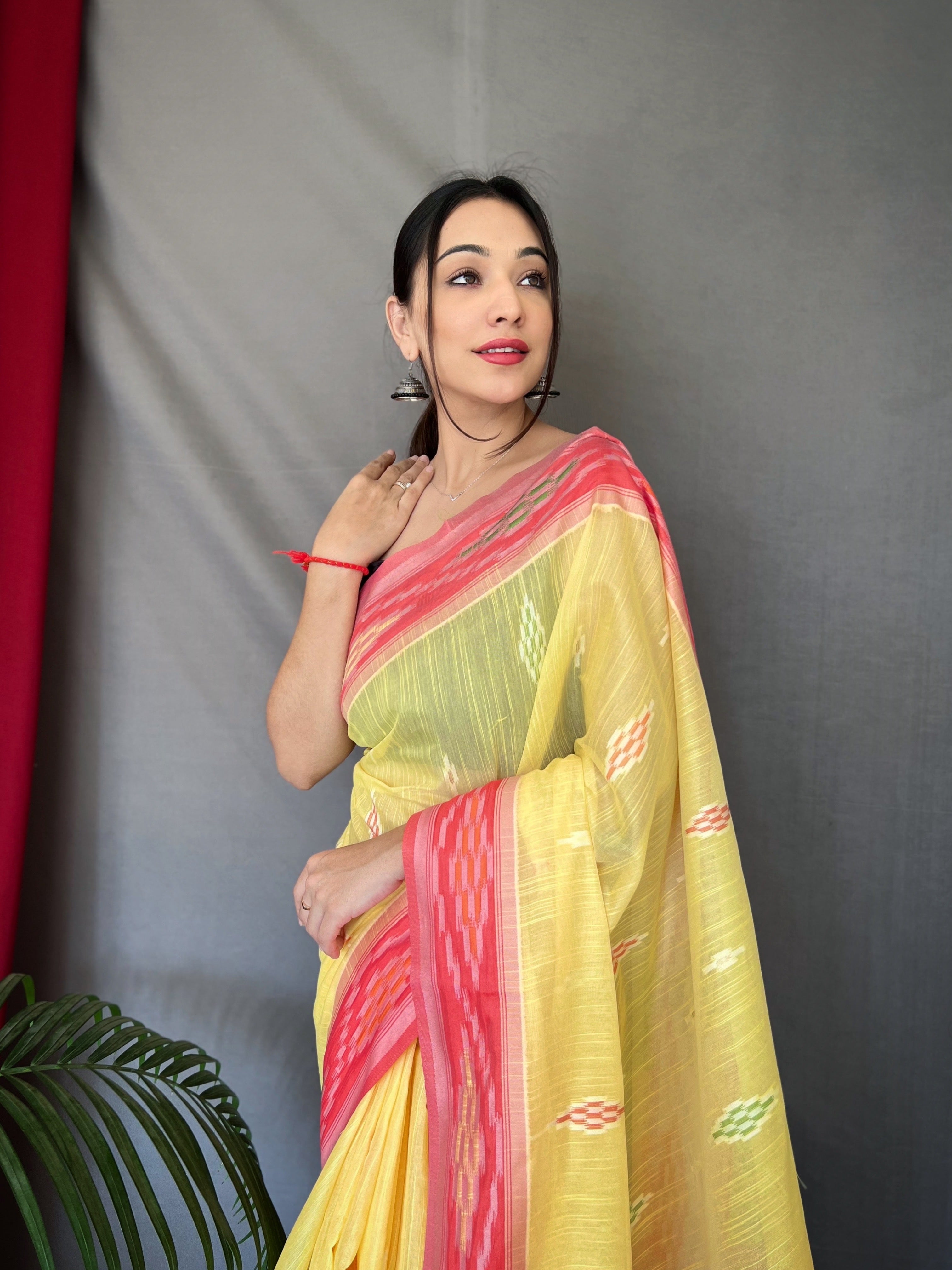 Women's Cotton Ikat Woven Saree Yellow - Tasarika