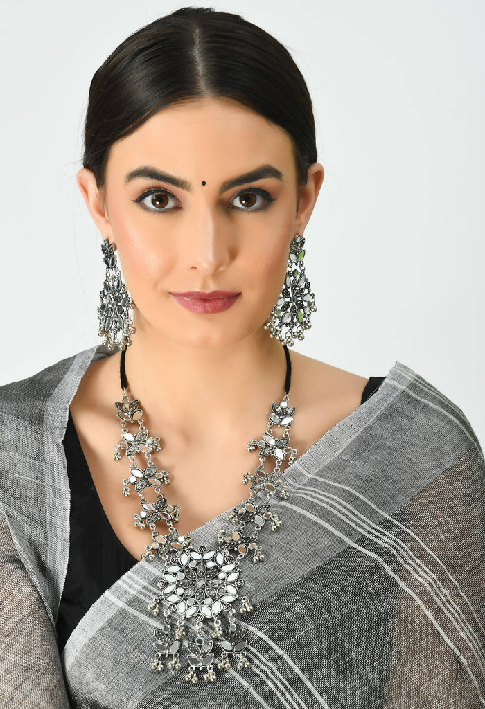 Kamal Johar Oxidised Silver-Plated Mirror Necklace with Ear