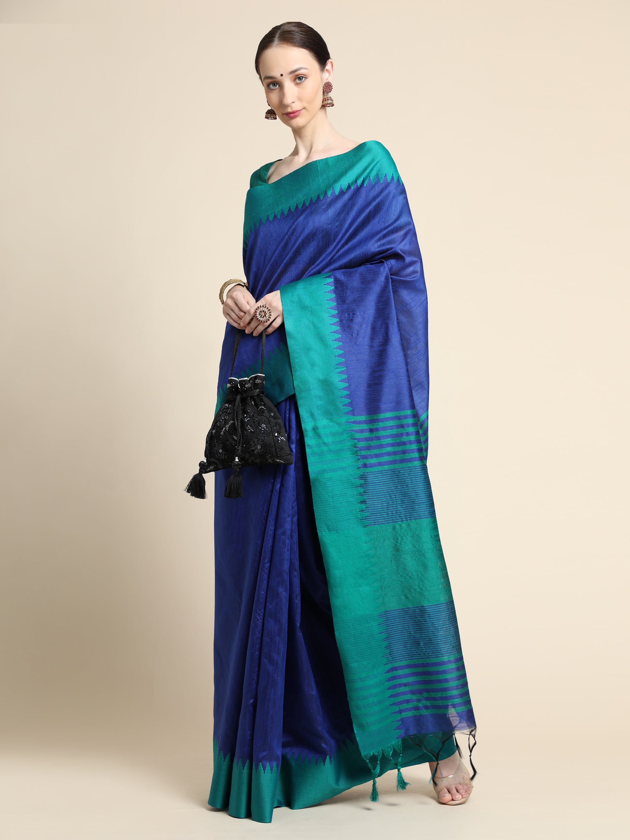 Women's Blue Temple Border Banglori Raw Silk Saree With Tassels - Vishnu Weaves