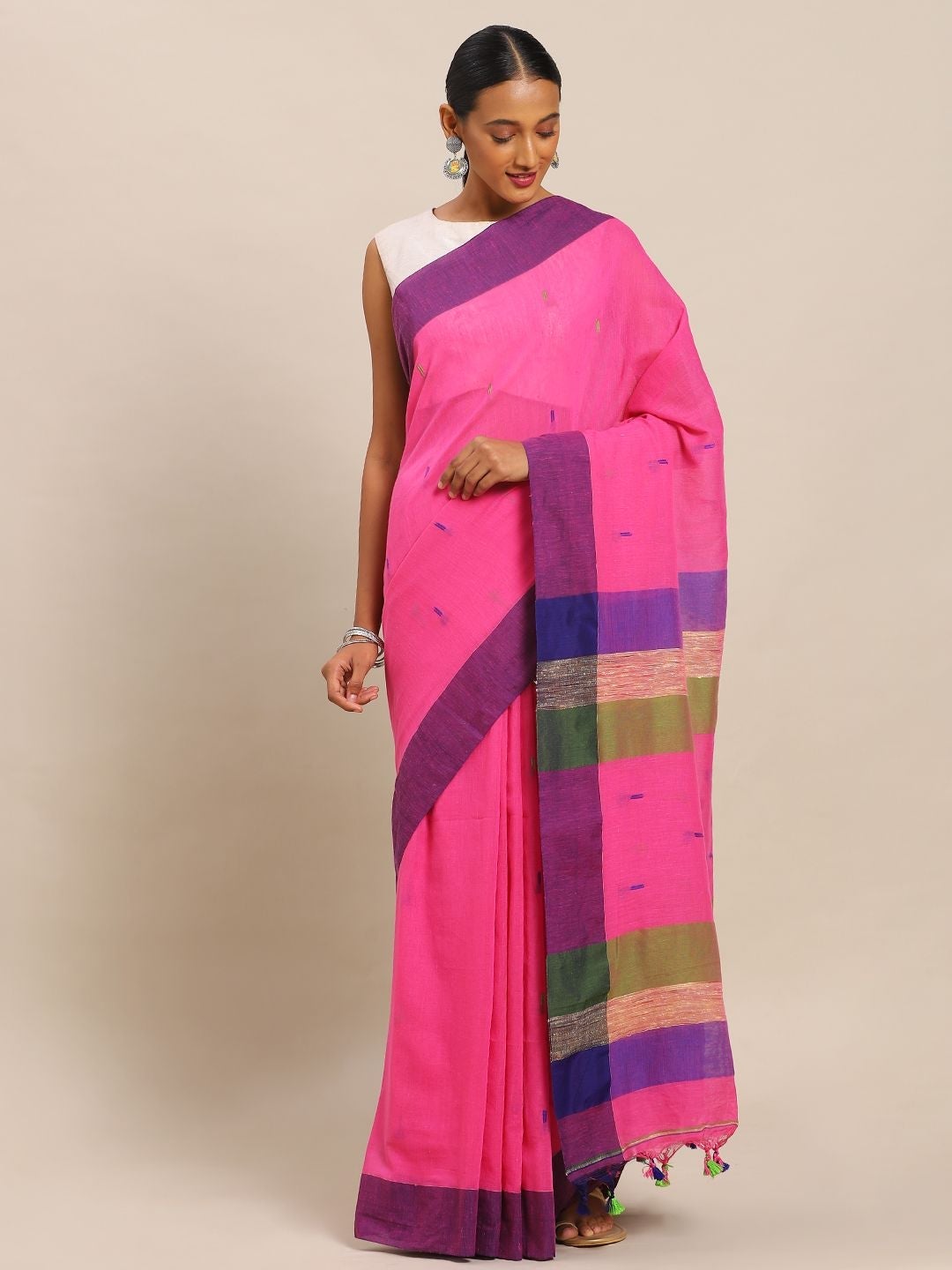 Women's Handloom Pure Khadi Cotton Saree With Body Pom Pom - Olive Mist