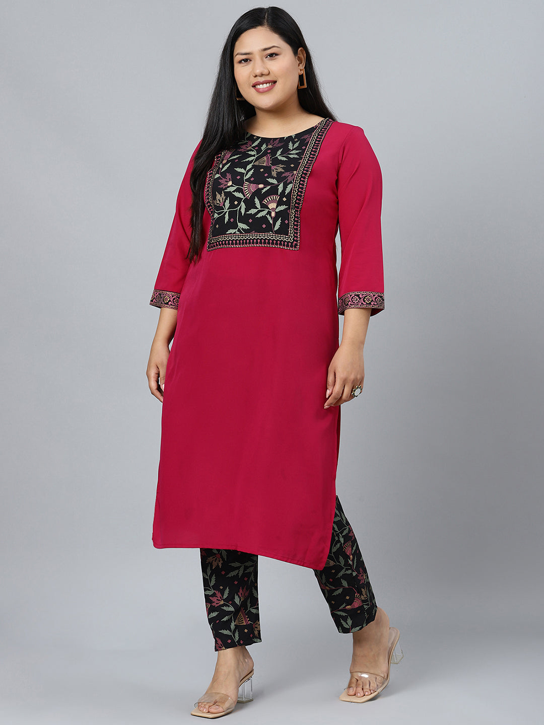 Women's Pink Colour Solid Straight Crepe Kurta With Pant by Ziyaa (2pc Set)