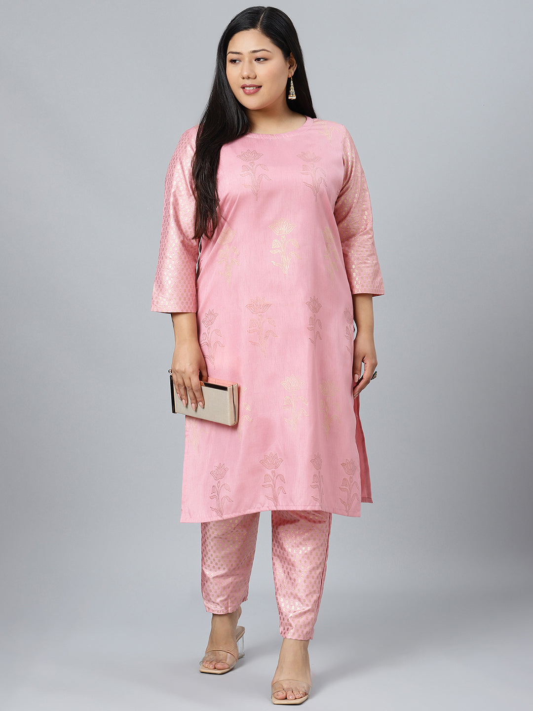 Women's Pink Colour Straight polysilk Gold Foil Print Kurta With Pant - Ziyaa
