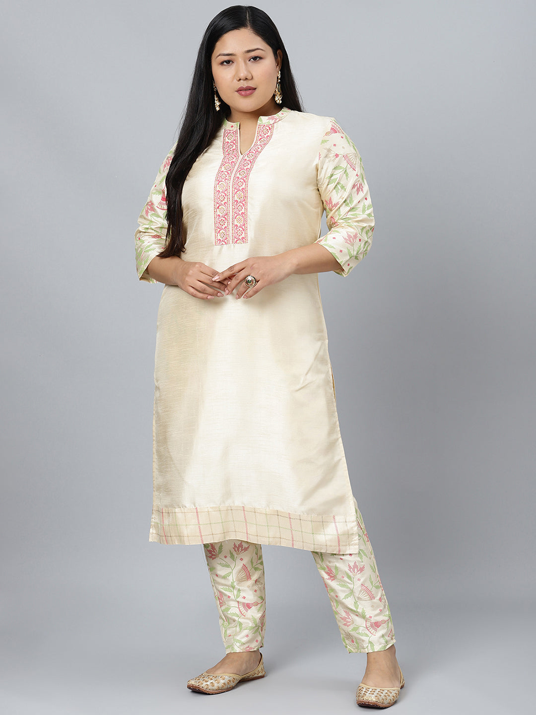 Women Cream Silk Kurta with Pant Set by Ziyaa (2 Pc Set)