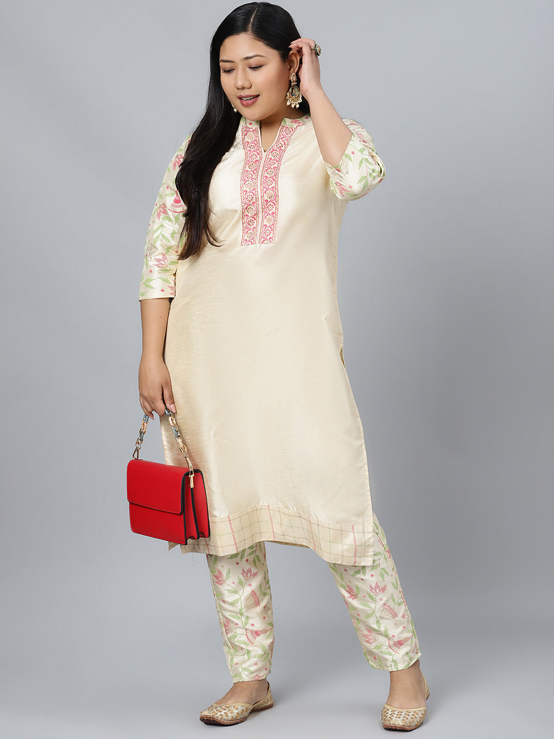 Women Cream Silk Kurta with Pant Set by Ziyaa (2 Pc Set)