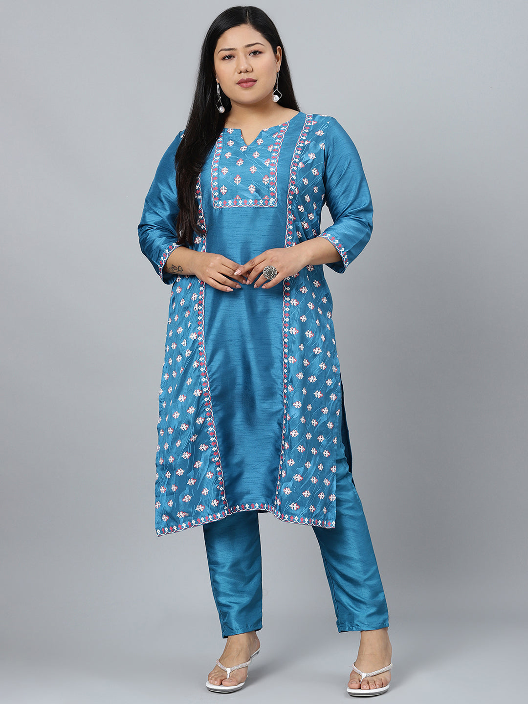 Women Blue Silk Printed Kurta with Pant Set by Ziyaa (2 Pc Set)