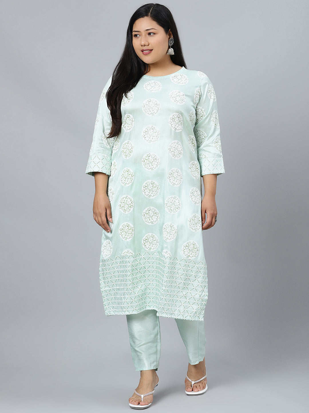Women Green Silk Printed Kurta with Pant Set by Ziyaa (2 Pc Set)