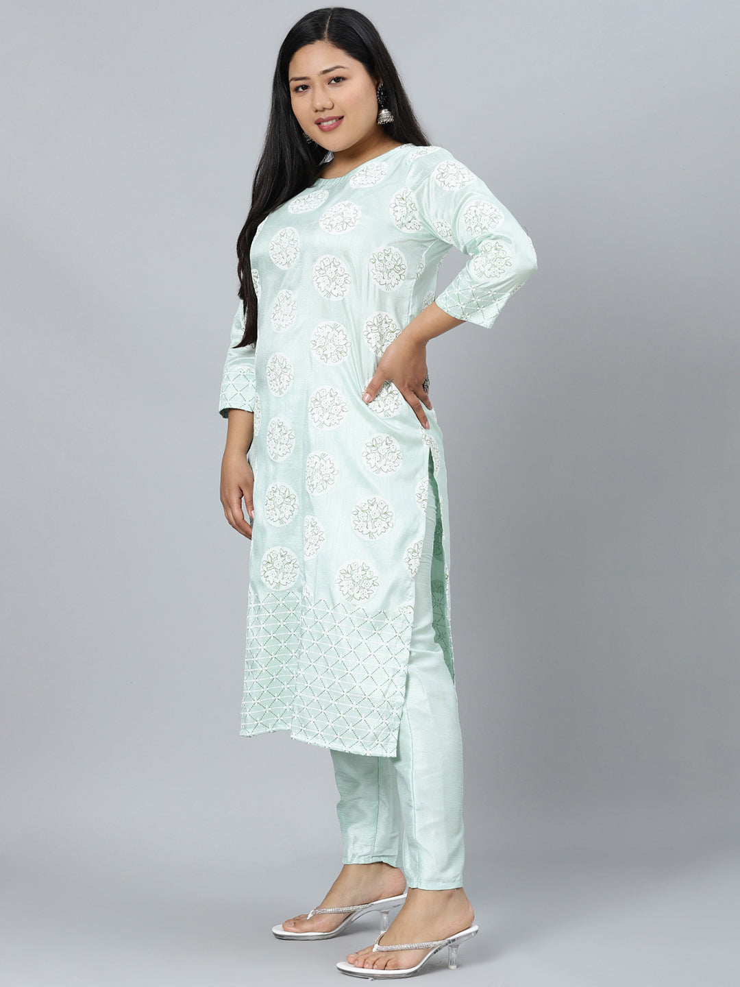 Women Green Silk Printed Kurta with Pant Set by Ziyaa (2 Pc Set)
