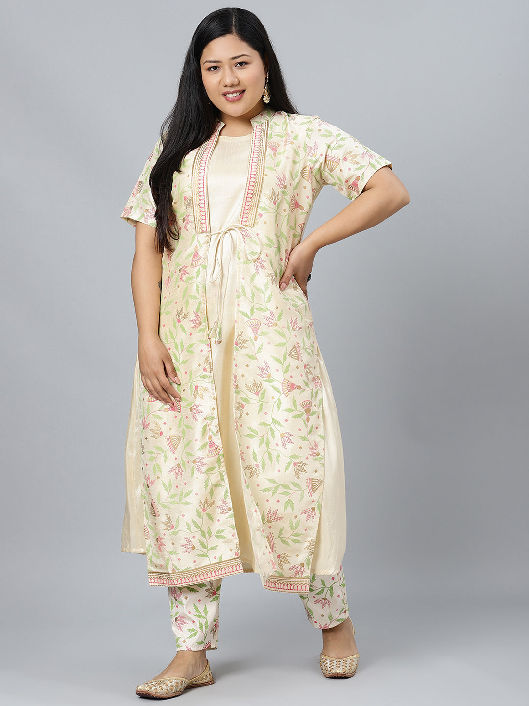 Women's Cream Printed A-Line Kurta With Pant Set by Ziyaa- (2 pcs set)