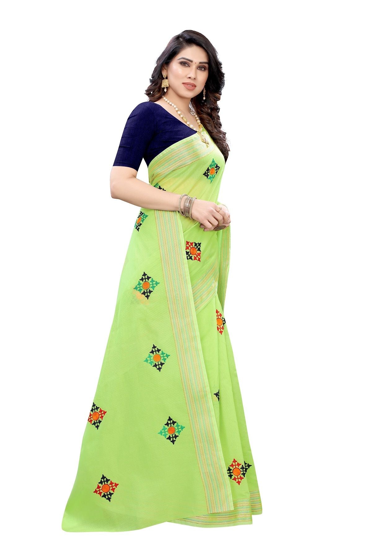 Women's Vamika Chanderi Cotton Embroidery Green Saree-Dixa Green - Vamika