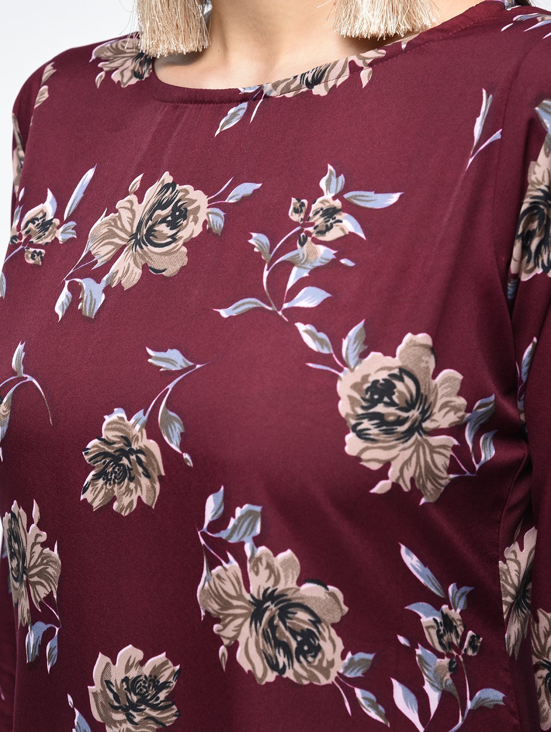 Women's Maroon Polyster Printed Bell Sleeve Round Neck Dress - Myshka