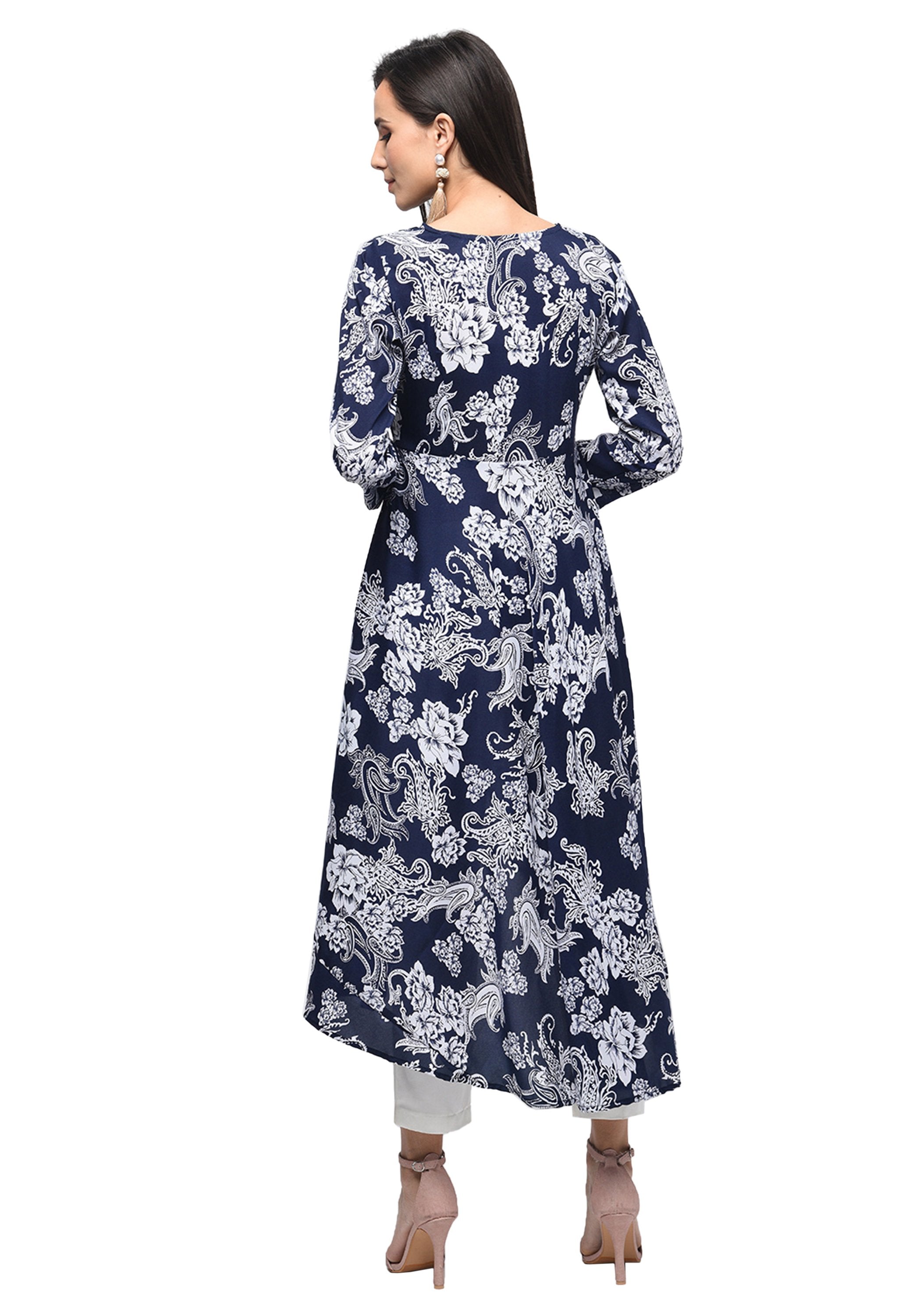 Women's Blue Polyester Printed Regular Sleeves Round Neck Casual Kurta Only - Myshka