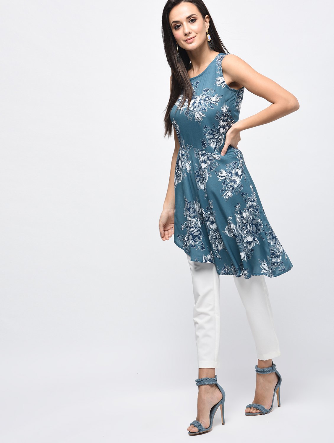 Women's Blue Polyester Printed Sleeveless Round Neck Casual Kurta Only - Myshka