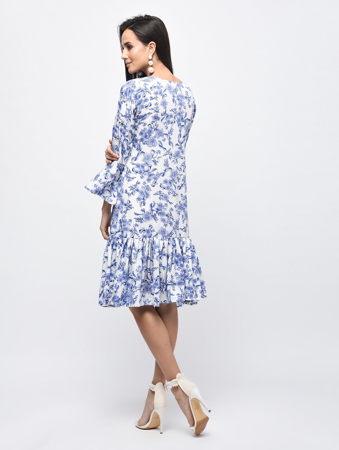 Women's Sky Blue Polyster Printed Bell Sleeve Round Neck Dress - Myshka
