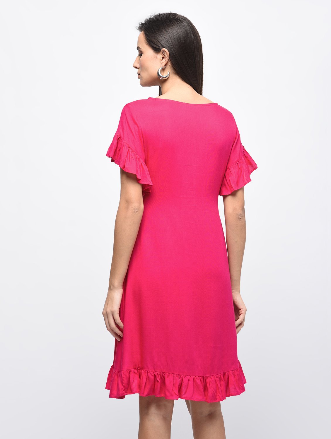 Women's Pink Rayon Solid Flared Sleeve Round Neck Dress - Myshka