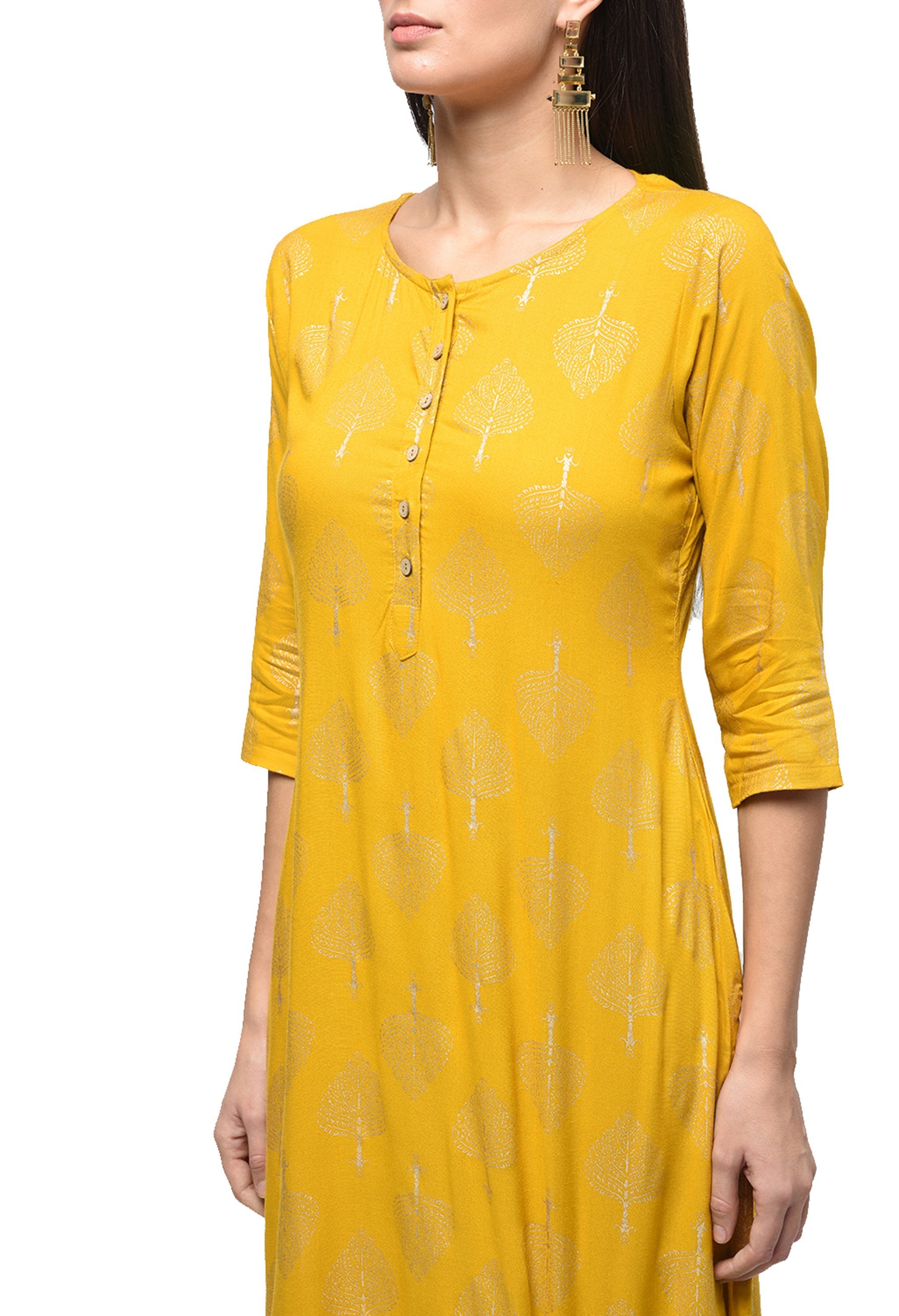 Women's Yellow Rayon Solid Half Sleeve Round Neck Casual Kurta Only - Myshka