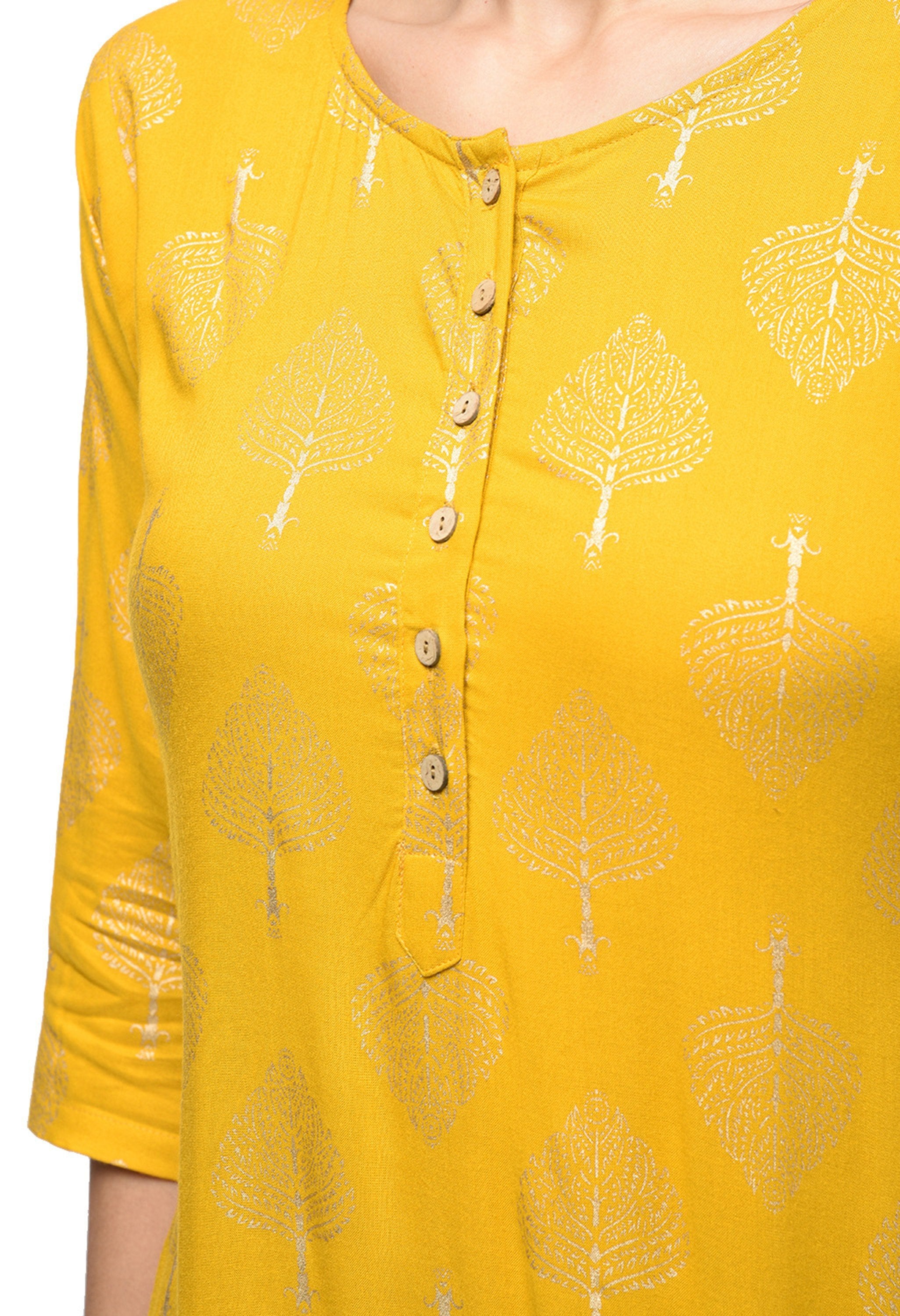 Women's Yellow Rayon Printed 3/4 Sleeve Round Neck Casual Kurta Only - Myshka