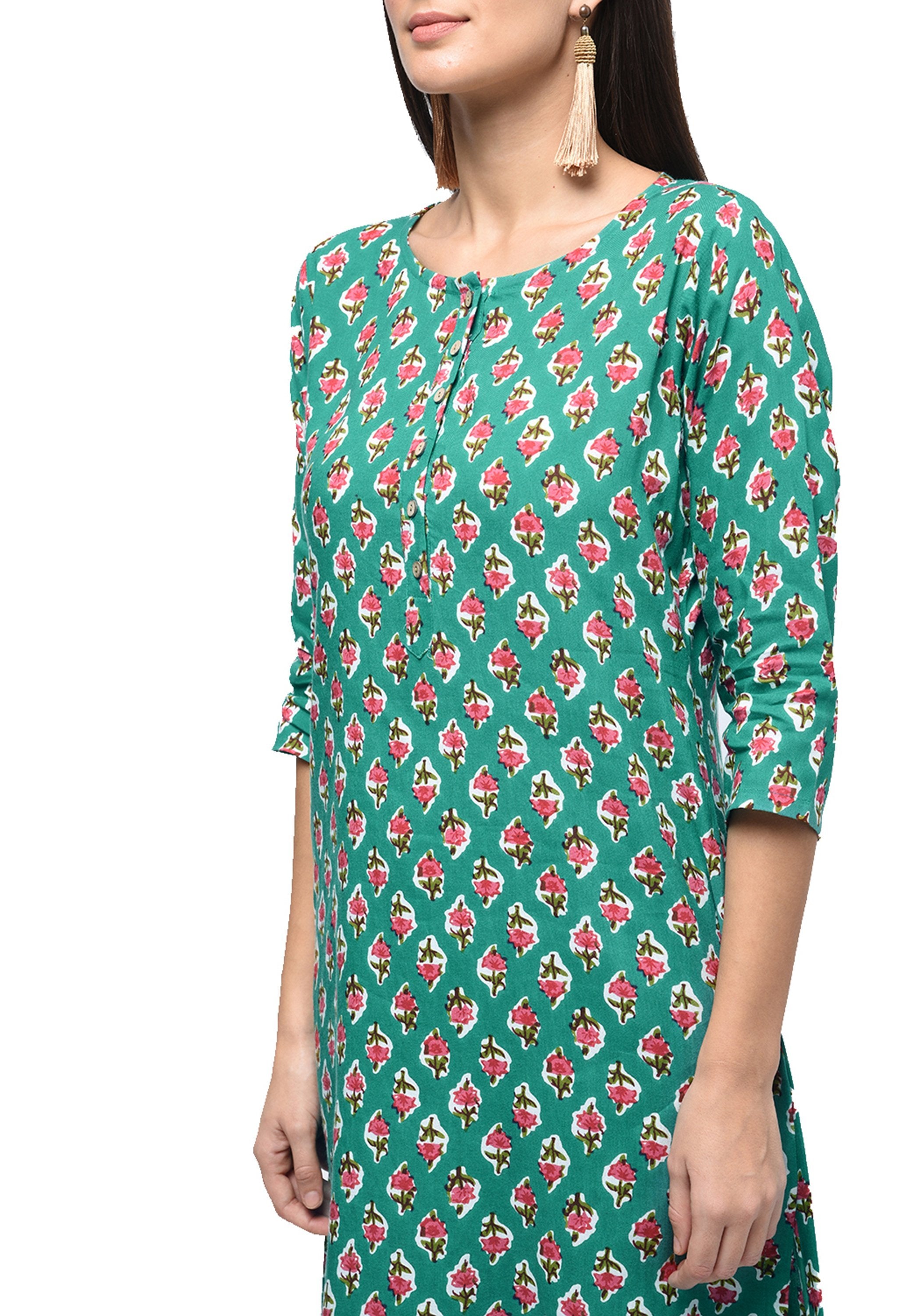 Women's Green Rayon Printed Regular Sleeves Round Neck Casual Kurta Only - Myshka